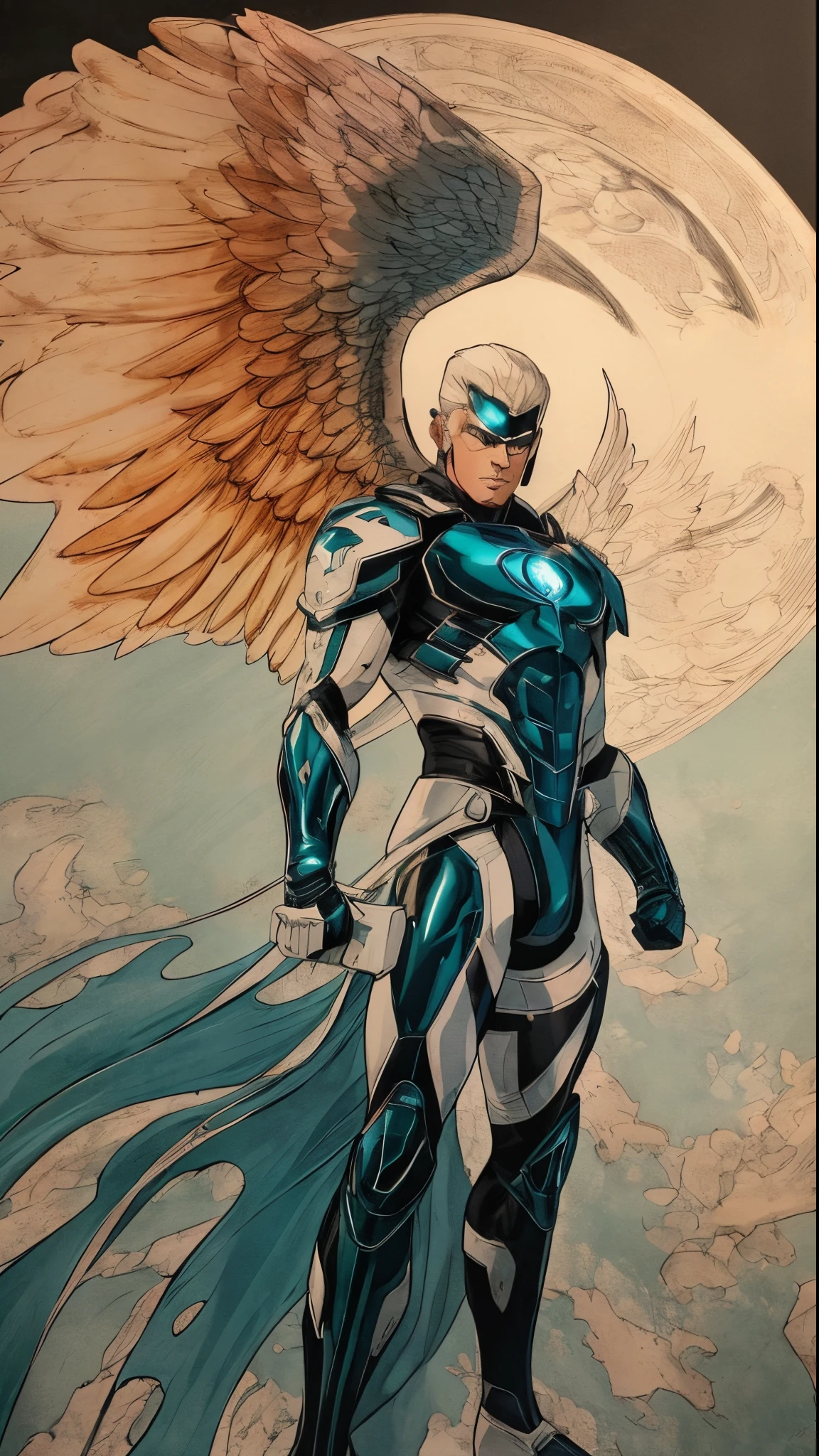 An image of one Masculine White Guardian Angel, white eyes, looking straight at camera, midshot, full body, cel-shading style, centered image, ultra detailed illustration of comics posing, broodish, (tetradic colors), inkpunk, ink lines, strong outlines, blue green water background, art by MSchiffer, bold traces, unframed, high contrast, cel-shaded, vector, 32k resolution, best quality Michael Cheval style illustration, very beautiful,l turquoise blue lace