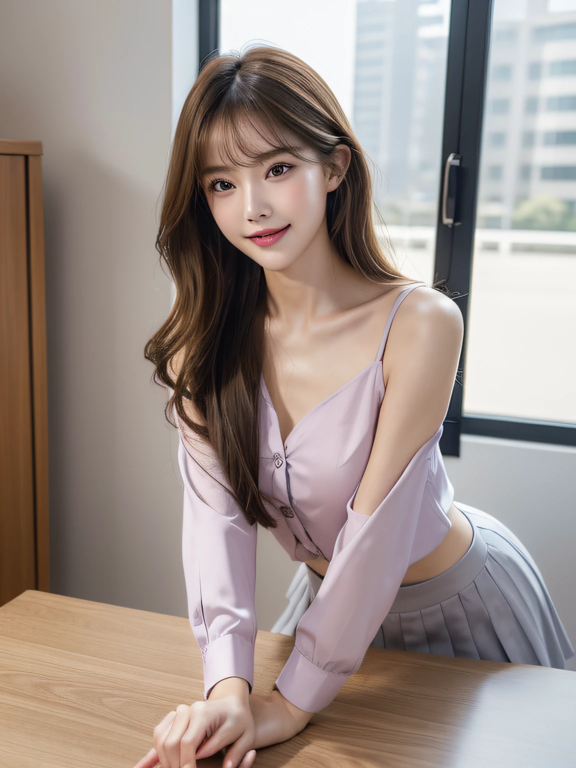 A person's point of view, (On a table:1.3), A high resolution, ultra - detailed, extremely detaild的 CG unified 8k wallpapers, actual, 真实感, RAW photogr, beautiful  detailed face, pale-skinned, Realistic shiny skin, The texture of the fabric is delicate, Detailed hair texture, perfect body figure, Nice face, Acura, Anatomically correct, Highly Detailed Face and Skin Textur, natural neck length, (beautiful hand), (White skin of the:1.2), lean legs, thin feet, intermittently, 詳細な目, symetric eye, light brown eyes, 二重まぶた, tthin eyebrows, (glossy lips:1.4), ((Smiling softly:1.2)), (face flushed:1.1), intermittently, (Elegant and cute girl:1.3), (wear elegant clothes (light violet) button- shirt:1.2), ((navy) Long skirt with irregular hem:1.2), Close button, (long  skirt), mediuml breasts, (long slim figure:1.1), Tighten abs, Beautifulcollarbone, (dark gold hair, curlies, Long gray hair:1.2), ((asymmetricalbangs:1.2)), intermittently, (Gently stretch out a hand downwards:1.2), ((In a modern office in China)), (cow boy shooting:1.2), looking at viewert,  street frontage