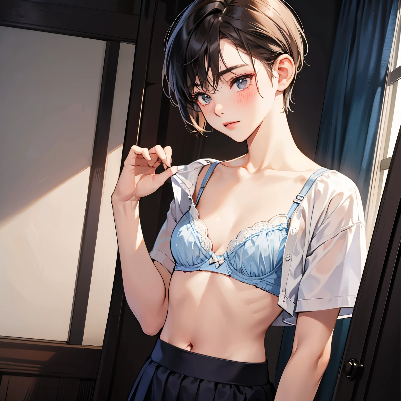 1girl,A girl opens her shirt and shows her bra with a shy expression,boyish handsome girl,red blush,Teary-eyed,Accurately depicted faces,A dark-haired,Short hair with undercut boy-like hairstyle,A slender,flat breast,鎖骨,tre anatomically correct,Precise fingers,open the shirt yourself,White bra,Dark blue skirt,​masterpiece,Best Quality,