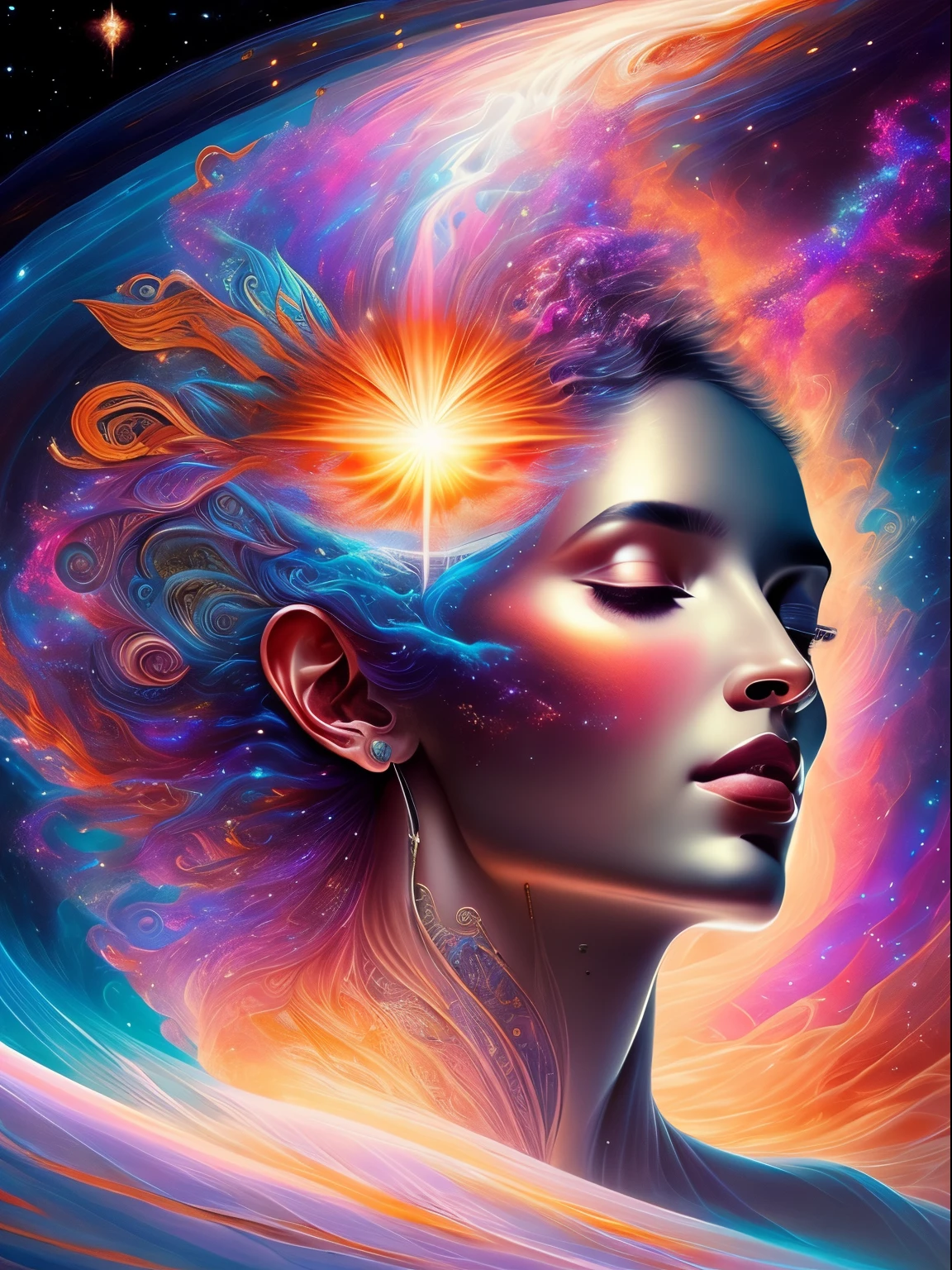 (Best quality,A high resolution:1.2),Beautiful masterpiece:1.2, Human creativity and the eternal soul flow together in an ethereal realm, interconnectedness, flowing energy, Spiritual, like a dream, cosmic, concept-art, awe-inspiring, Sankta, Pineal gland, Surreal