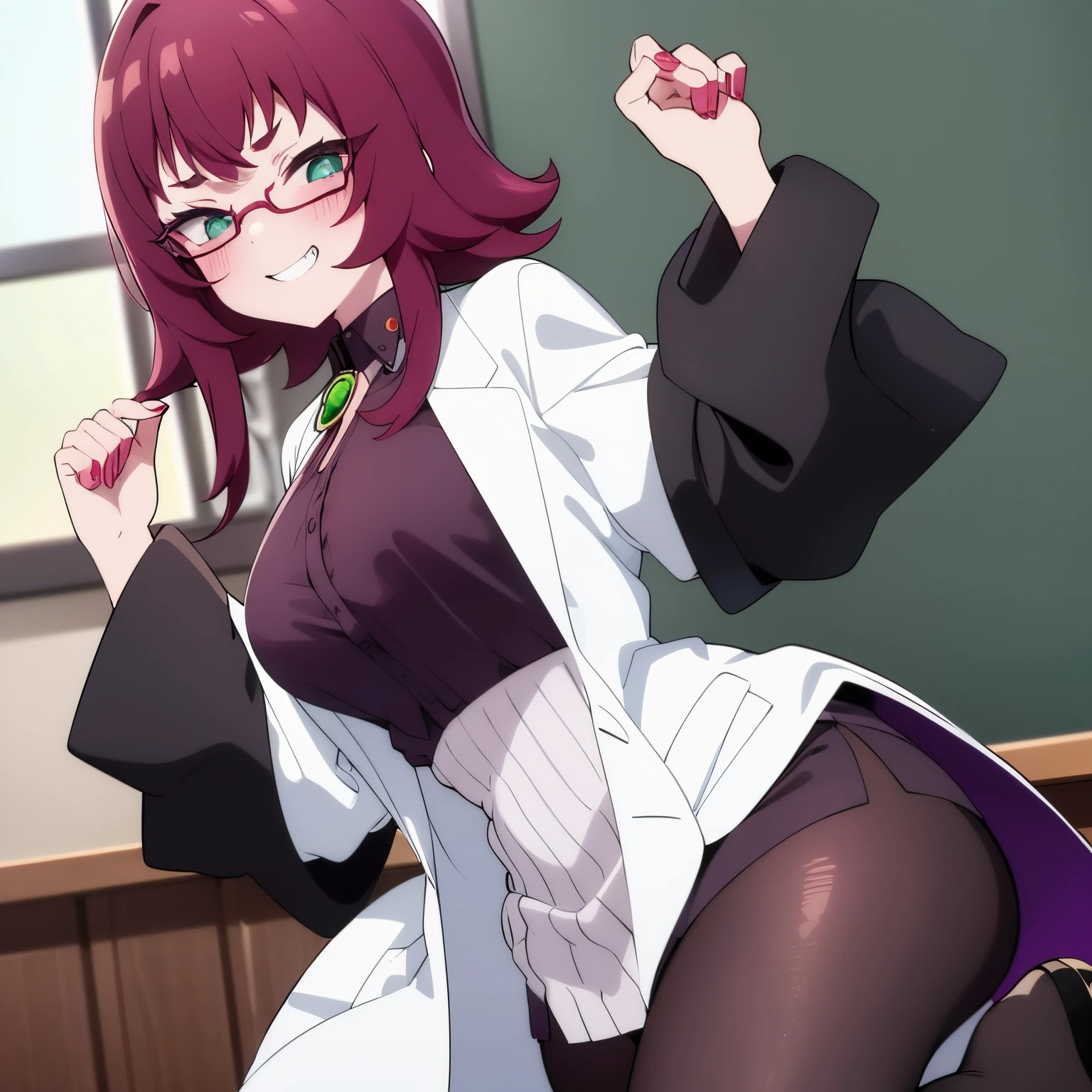 1 girl, alone, yakuzen kusuri, young, teenager, 18 years old, long hair, wavy hair, dark reddish hair, ponytail, locks with two divisions on the head, locks on both sides of the face, turquoise eyes, good hands, good anatomy, wearing glasses, reddish glasses on face, bewildered, seductive, smiling, closed mouth, sexy posture, chemistry classroom, laboratory, white coat, lab coat, sleeves folded around the elbows, cleavage, clothing interior, purple bra with black lace, necklace with green gem around the neck, black skirt, miniskirt, black loafers, black stockings, stockings that cover the calves, large breasts, medium waist, medium hips, wide thighs