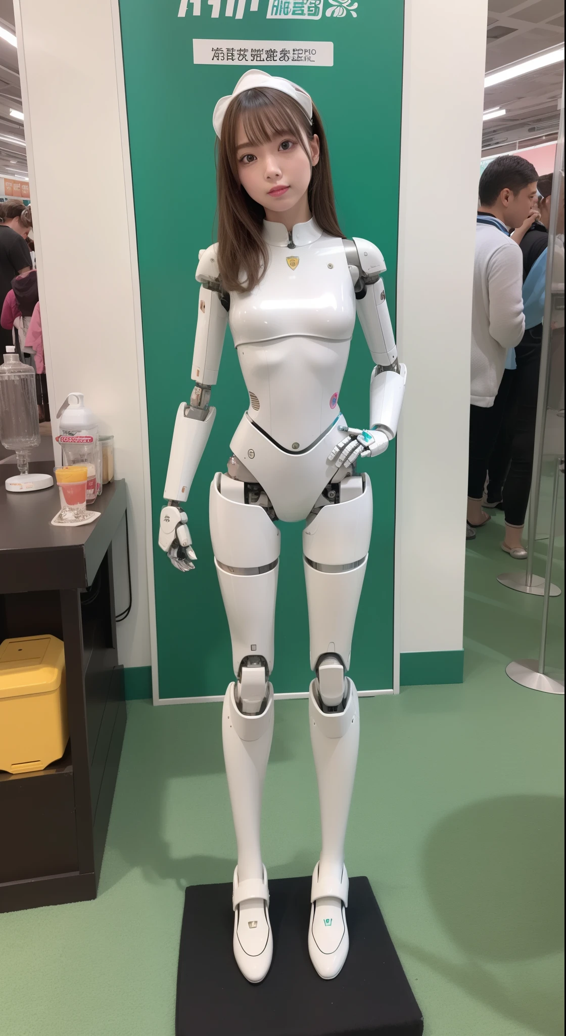 Robot Girl, pink there, Silver, Metallic body, Robot Parts, Metal Parts, Super Detailed Face, Super well-formed face, of the highest quality, a small face, small head, Brown hair, Slender body, Camera gaze, Internal Mechanical Exposure, Idol, front facing, Well-proportioned body, sale, Exhibited, Event Hall, Moe Pose, White Maid Dress Machine Armor, Standing with legs open, Model body type, sad, Embarrassing,(Perfect Robot Girl),(Perfect machine body)