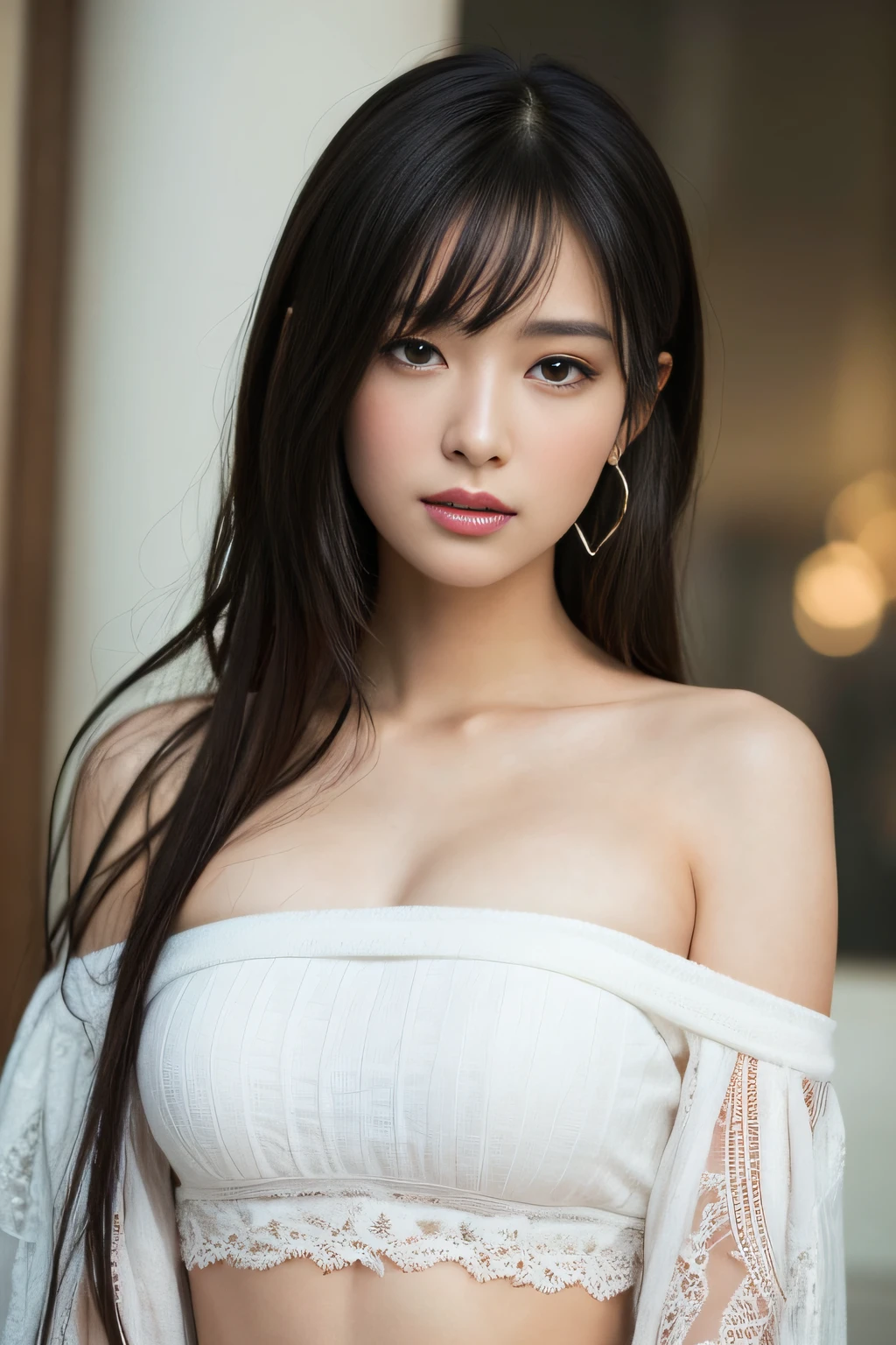 Focus on people。Create and express the best shining composition of the person in a realistic way。((masterpiece))、(((top-quality)))、((ultra-detailliert))、(A hyper-realistic)、(highly detailed CGillustration)、(extremely delicate and beautiful)、Masterpiece girl、top-quality、Realistic skin feeling、Realistic fabric、We will introduce a realist illustration focusing on the center front of girls with realistic and ultra-detailed eyes.。This is the absolute rule, and the following sentence expresses the image quality。 The greatest painter in human history meets an unparalleled beauty、Inuhi is the greatest masterpiece in the history of strawberries, It depicts the most beautiful figure of a lifetime.。 Create stunning anime artwork that is currently trending on seaStation、Introducing exquisite beauty and seductive aesthetics。off shoulders、White string panties
