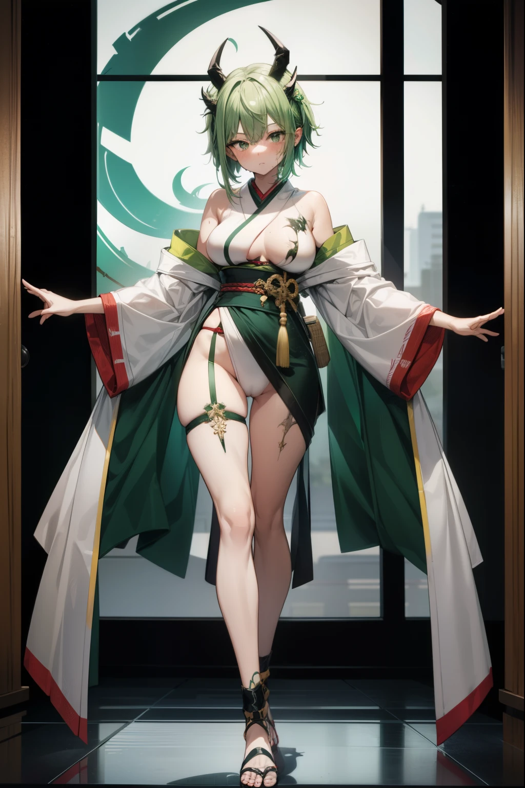 Cute girl, green hair, one gray eye and the other eye was cut like a scar, three swords, full body, An injured eye, Satan, sexy body, sexy, Loose Japanese clothing