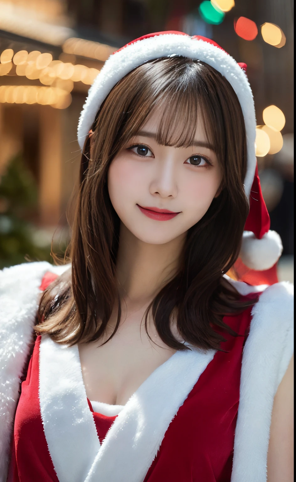 masutepiece, Best Quality, Illustration, Ultra-detailed, finely detail, hight resolution, 8K Wallpaper, Perfect dynamic composition, Beautiful detailed eyes, doress,Medium Hair, mid-chest, Natural Color Lip, Random and sexy poses,Smile,Christmas Lights、santa claus