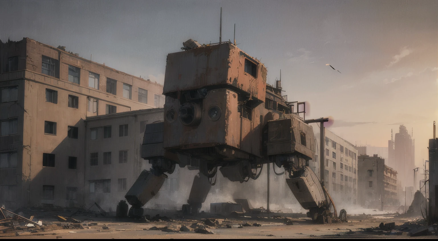 masterpiece, best quality, high detail, realistic, (((mech with broken arm))) apocalyptic earth dystopia abandoned. rusted by time.