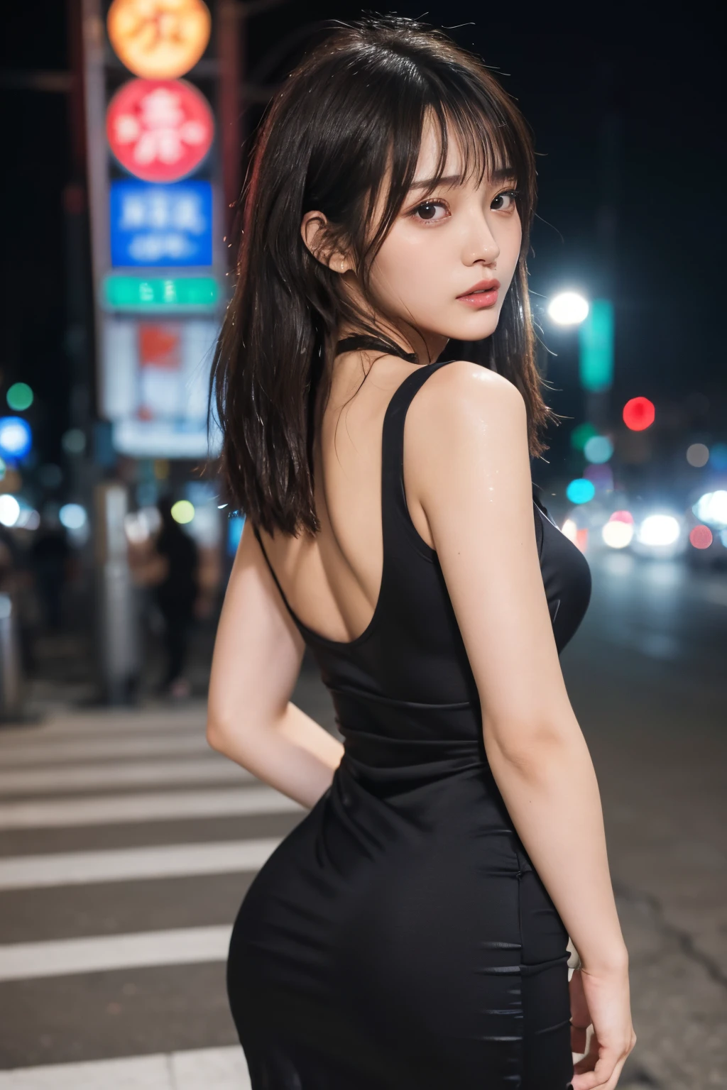 ((Best Quality　8K Masterpiece)) Japanese ido　a beauty girl　18year old　((beautiful symmetrical eye　shiny plump lips))　Short wavy brown hair with bangs　((Shot from the side　sexypose　Looking at the camera))　　(Shiny jet black tight dress　The chest is open　There is no fabric from the back to the waist...:1.4)　no-bra　Downtown alley at night　Night view of Shinjuku　Duck mouth　Glossy skin wet with sweat　close up of face　Teary-eyed