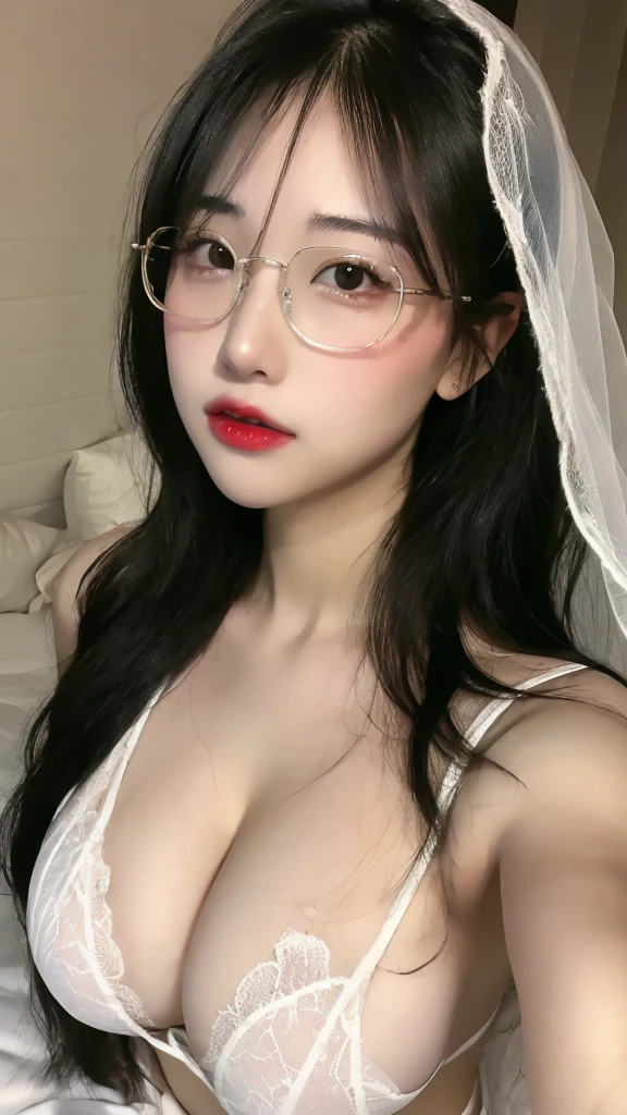 (realistic, high resolution:1.3), 1 girl with perfect figure, glasses, super fine face and eyes, long hair, white lace veil: 1.2 , in bedroom, sit on the bed, big breasts, exposed cleavage