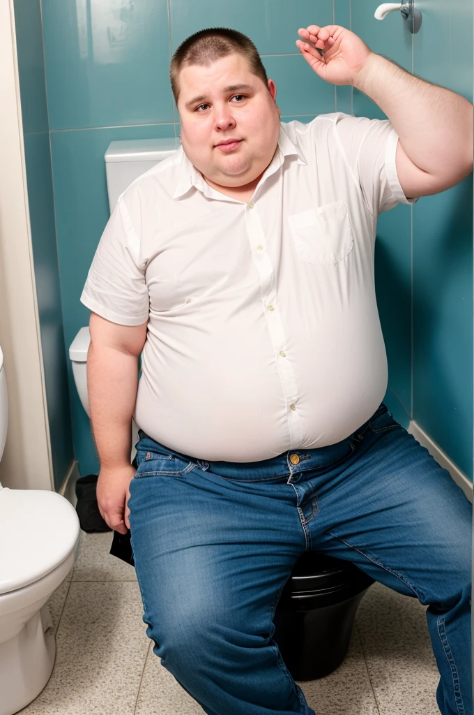 Make an image of a middle aged obese man with a white shirt and blue jeans on sitting on a toilet staring at the camera with wide eyes