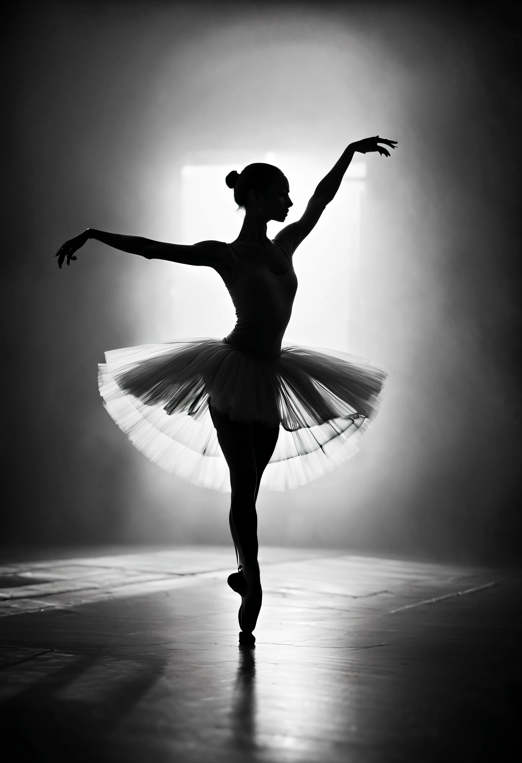 (Ballet dancer dancing silhouette), dense fog, Very soft backlight, Black light art,black and white photography ,low angles,(tmasterpiece), super detailing, high detal, high high quality, Award-Awarded, Best quality at best, A high resolution, 16k,black and white photography,