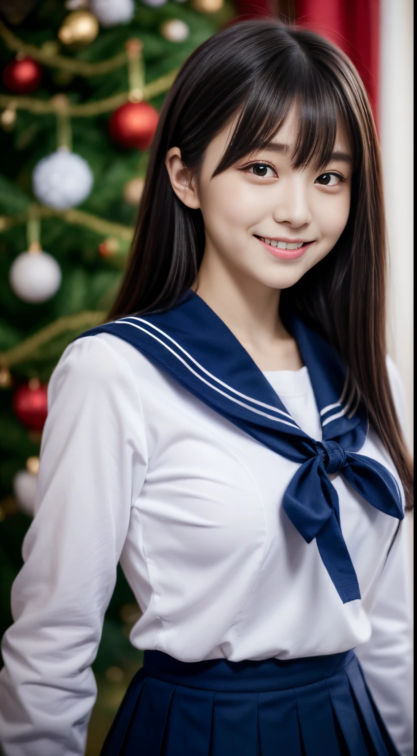 portrait photo of a female, Japan Person Model, Beautiful Asian Girl, -yeld fee model, 4K、bangss、A dark-haired、bobhair、Middle hair、Straight hair、(White long sleeve shirt, Sailor School Uniform, Dark blue pleated skirt:1.2), (Super cute face in idol style:1.2)、slim and beautiful figure、beutiful breast、A smile、full body Esbian、(Beautiful Christmas tree on the background:1.2)、