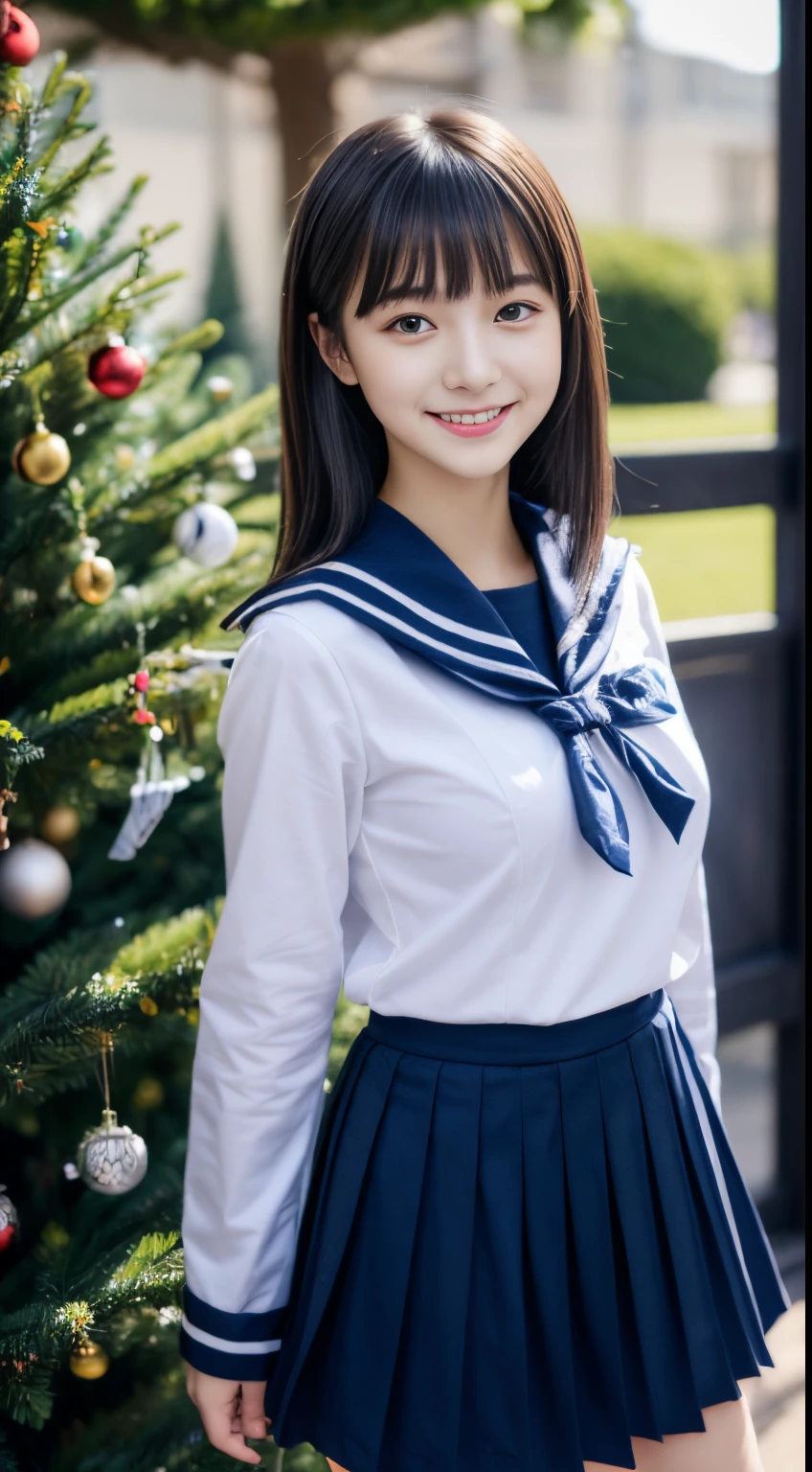 portrait photo of a female,  Japan Person Model, Beautiful Asian Girl, 17-year-old female model,  4K、bangss、A dark-haired、bobhair、Middle hair、Straight hair、(White long sleeve shirt, Sailor School Uniform, Dark blue pleated skirt:1.2),　(Super cute face in idol style:1.2)、slim and beautiful figure、beutiful breast、A smile、full body Esbian、(Beautiful Christmas tree on the background:1.2)、