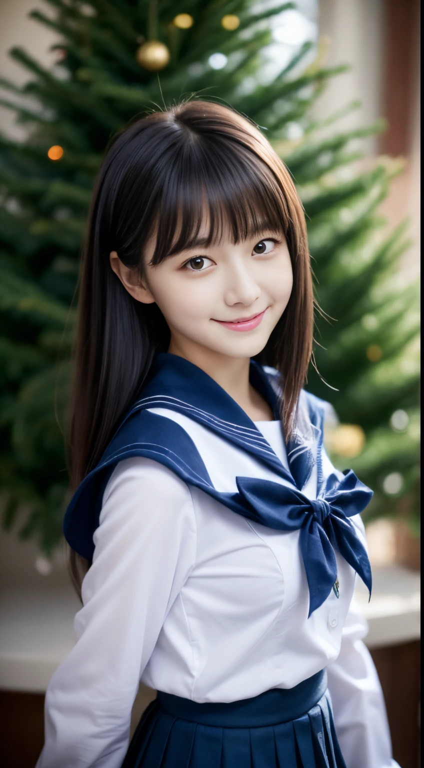 portrait photo of a female, Japan Person Model, Beautiful Asian Girl, 17-year-old female model, 4K、bangss、A dark-haired、bobhair、Middle hair、Straight hair、(White long sleeve shirt, Sailor School Uniform, Dark blue pleated skirt:1.2), (Super cute face in idol style:1.2)、slim and beautiful figure、beutiful breast、A smile、full body Esbian、(Beautiful Christmas tree on the background:1.2)、