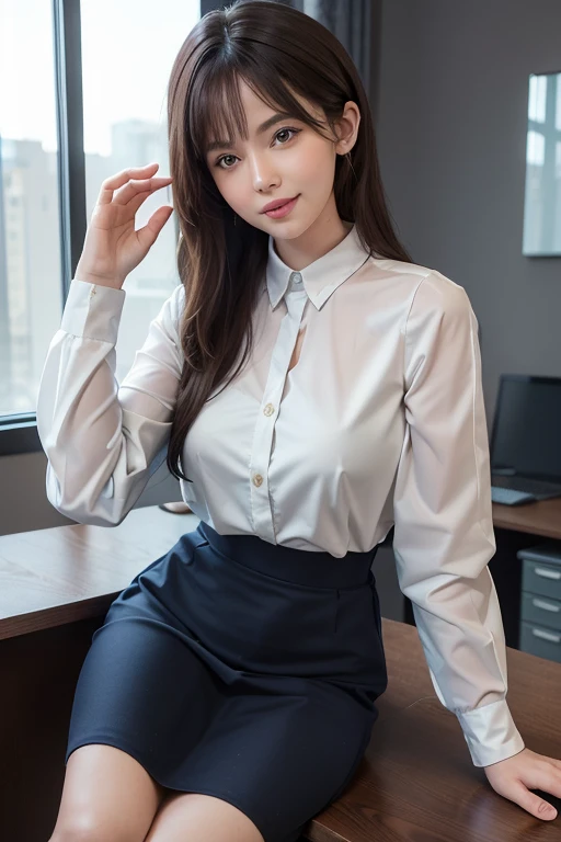 tmasterpiece，Best quality，Portrait of 1girl，A person's point of view, (On a table:1.3), A high resolution, ultra - detailed, extremely detaild的 CG unified 8k wallpapers, actual, 真实感, RAW photogr, beautiful  detailed face, pale-skinned, Realistic shiny skin, The texture of the fabric is delicate, Detailed hair texture, perfect body figure, Nice face, Acura, Anatomically correct, Highly Detailed Face and Skin Textur, natural neck length, (beautiful hand), (White skin of the:1.2), lean legs, thin feet, intermittently, 詳細な目, symetric eye, light brown eyes, 二重まぶた, tthin eyebrows, (glossy lips:1.4), ((Smiling softly:1.2)), (face flushed:1.1), intermittently, (Elegant and cute girl:1.3), (wear elegant clothes (light violet) on- shirt:1.2), ((navy) Long skirt with irregular hem:1.2), Close butt(long  skirt), mediuml breasts,slim figure:1.1), Tighten abs, Beautifulcollarbone, (dark gold hair, curlies, Long gray hair:1.2), ((asymmetricalbangs:1.2)), intermittently, (Gently stretch out a hand downwards:1.2), ((In a modern office in China)), (cow boy shooting:1.2), looking at viewert, street frontage