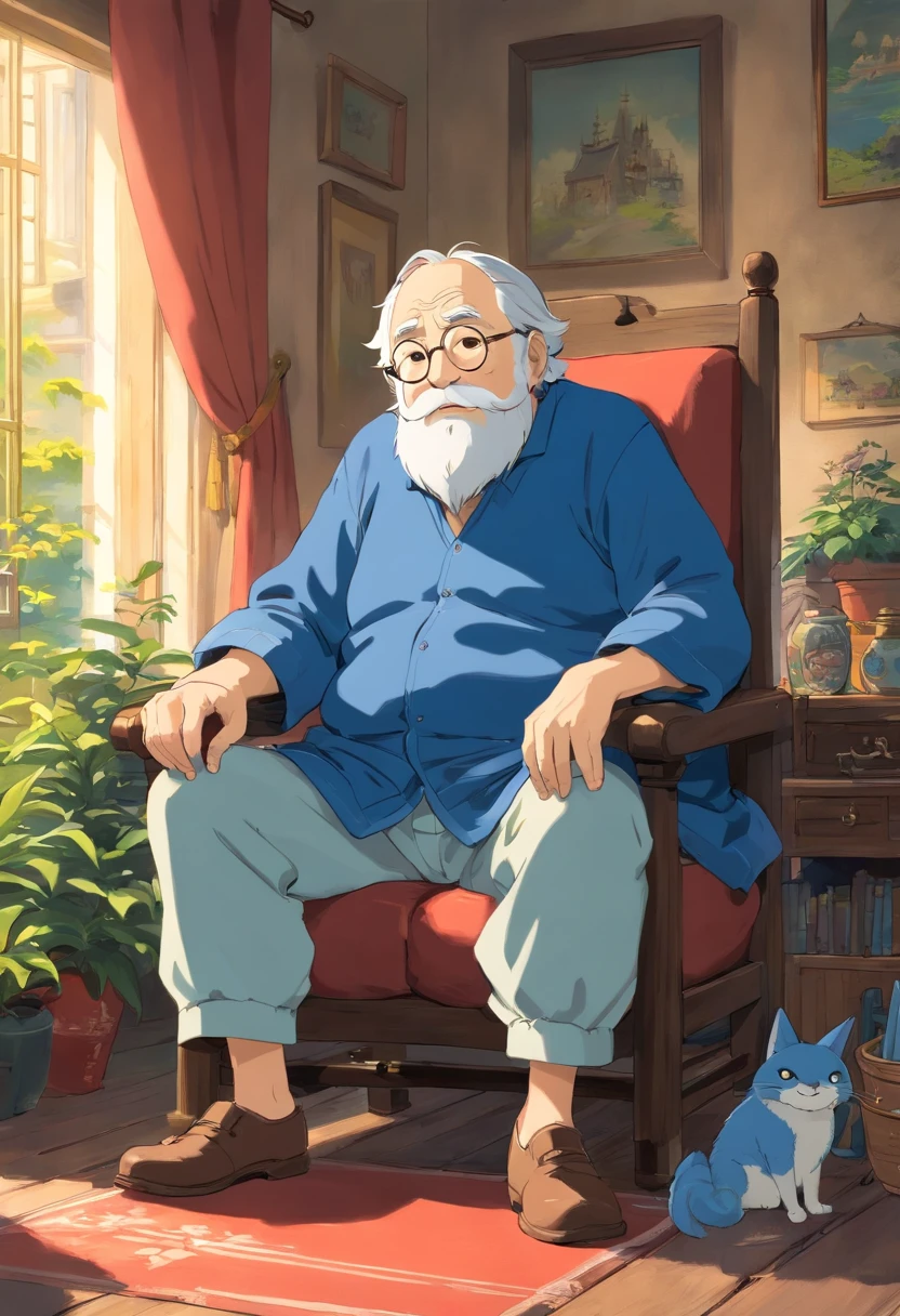 Grandpa,The clothes are blue,Sit down and rest