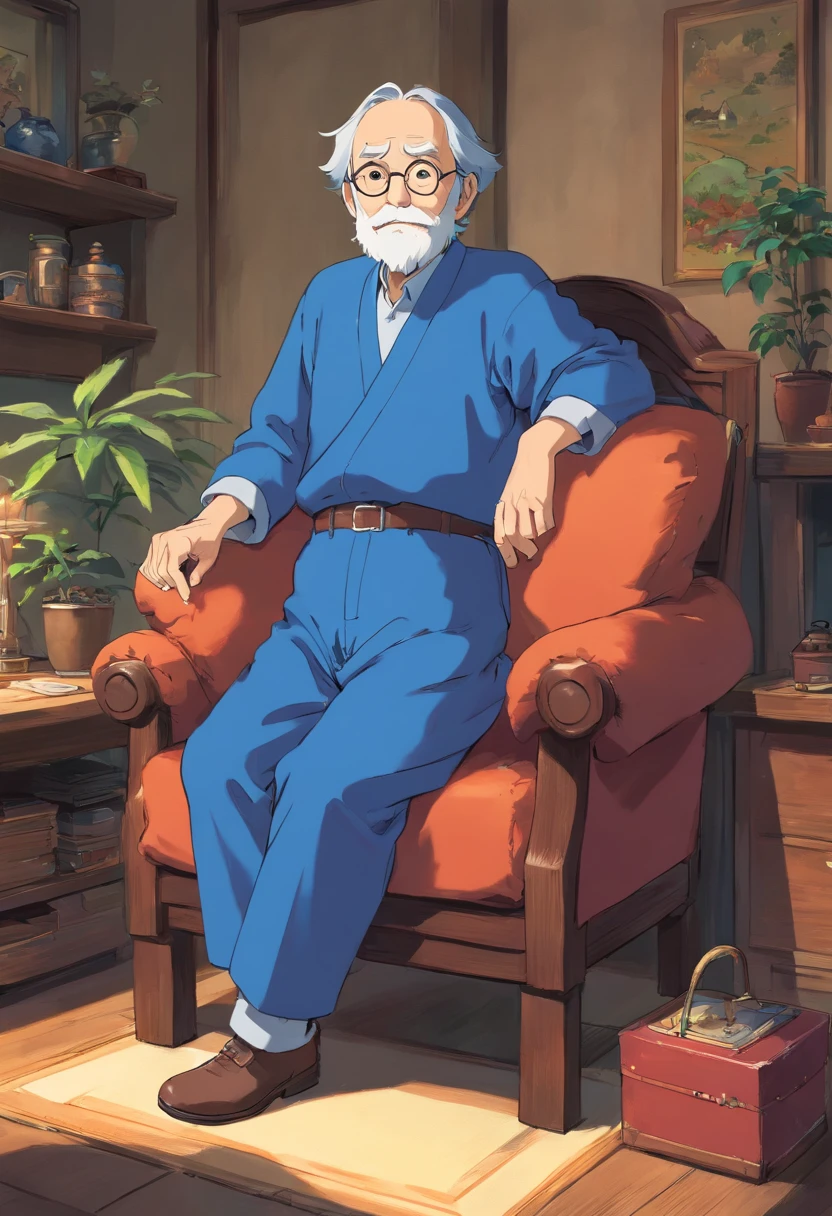 Grandpa，The clothes are blue，Sit down and rest