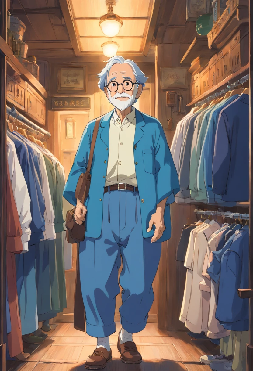 Grandpa,The clothes are blue,to talk