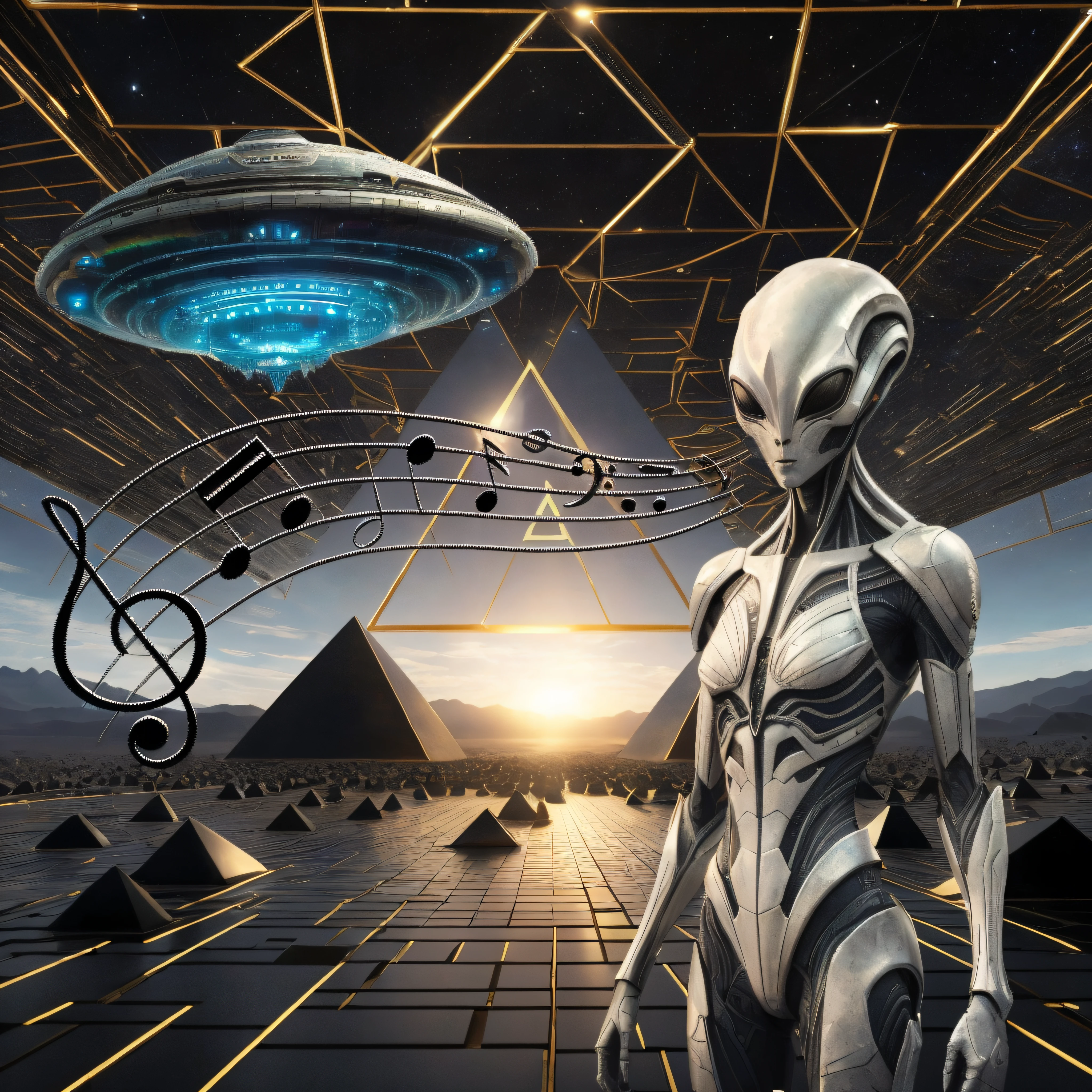 there is a humanoid standing in front of a pyramid with music notes, an alien musician lost in space, alien musician, extraterrestrial paradise, composition of and futuristic, alien structure, alien vibes, complex cybernetic beings, on alien planet, on a alien planet, 8 0's style tomasz alen kopera