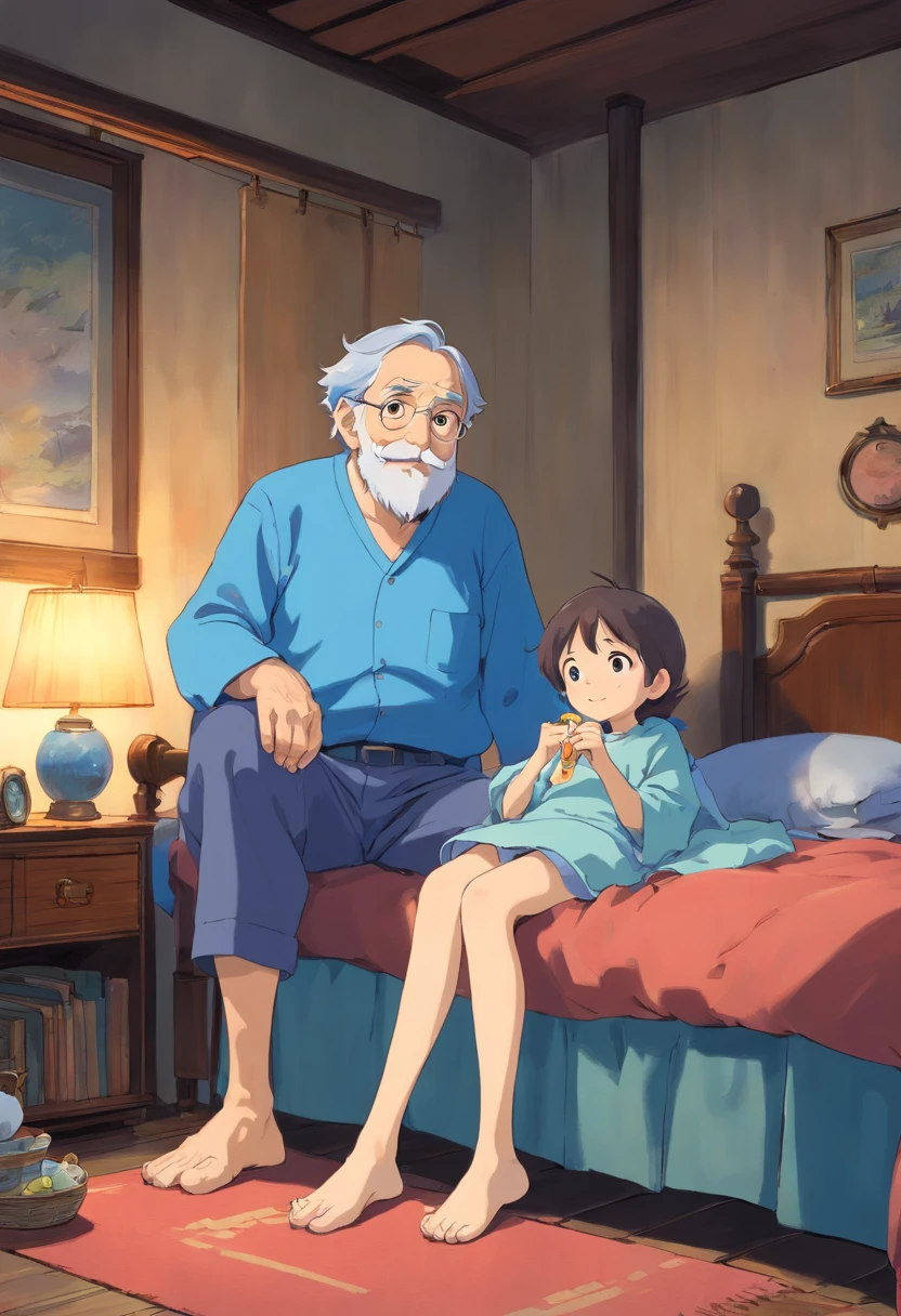 Grandpa,The clothes are blue,Go to bed