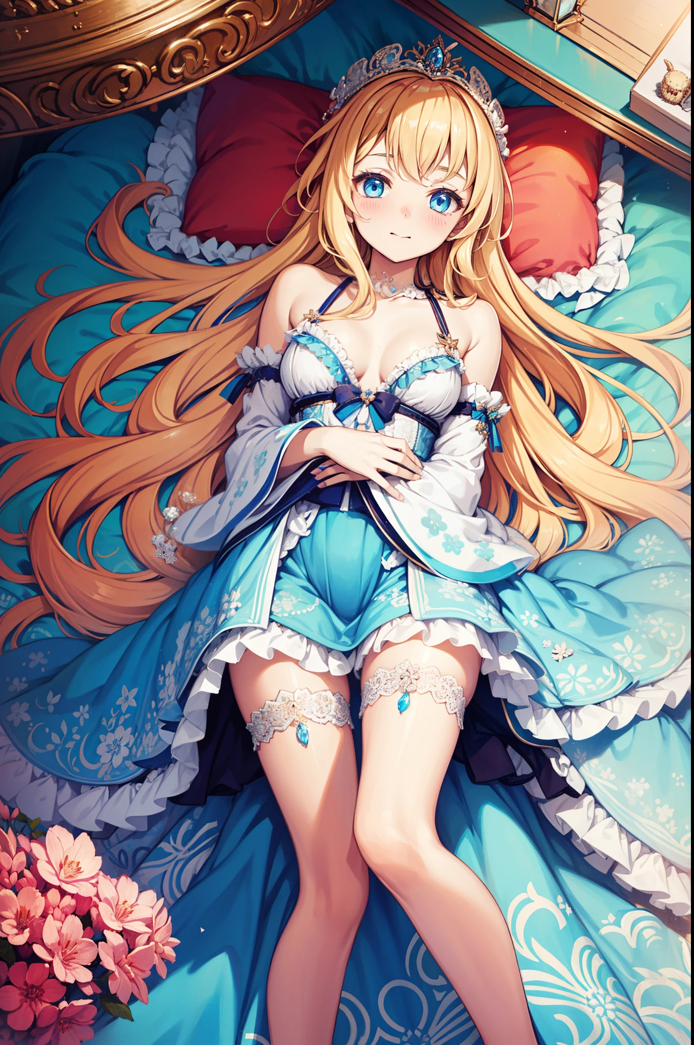 Teenage girl，Sankta，obsessed，having fun，In love，blond hair blue eyes，pale robe，Clothes with intricate details，Patterned，Princess headband，A small amount of lace，bathing suit，Bedrooms，the only person，natta，(lie)，pillow head