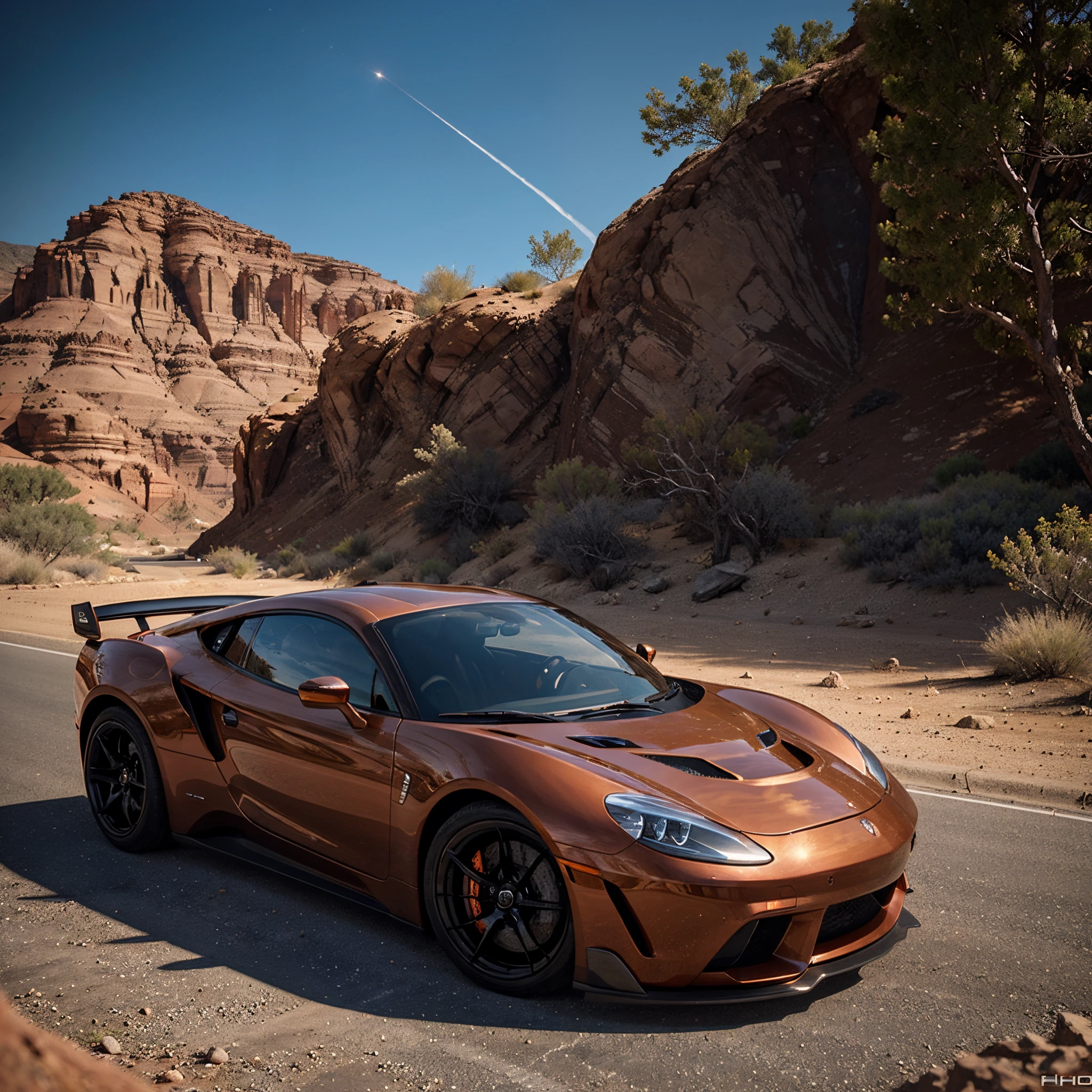 one Hyper car, shinney copper colour, Side view (best quality,realistic:1.37), spoiler, copper mag wheels, desert road background, (photorealistic:1.4), evening sky with a nebula and stars, no badges,
