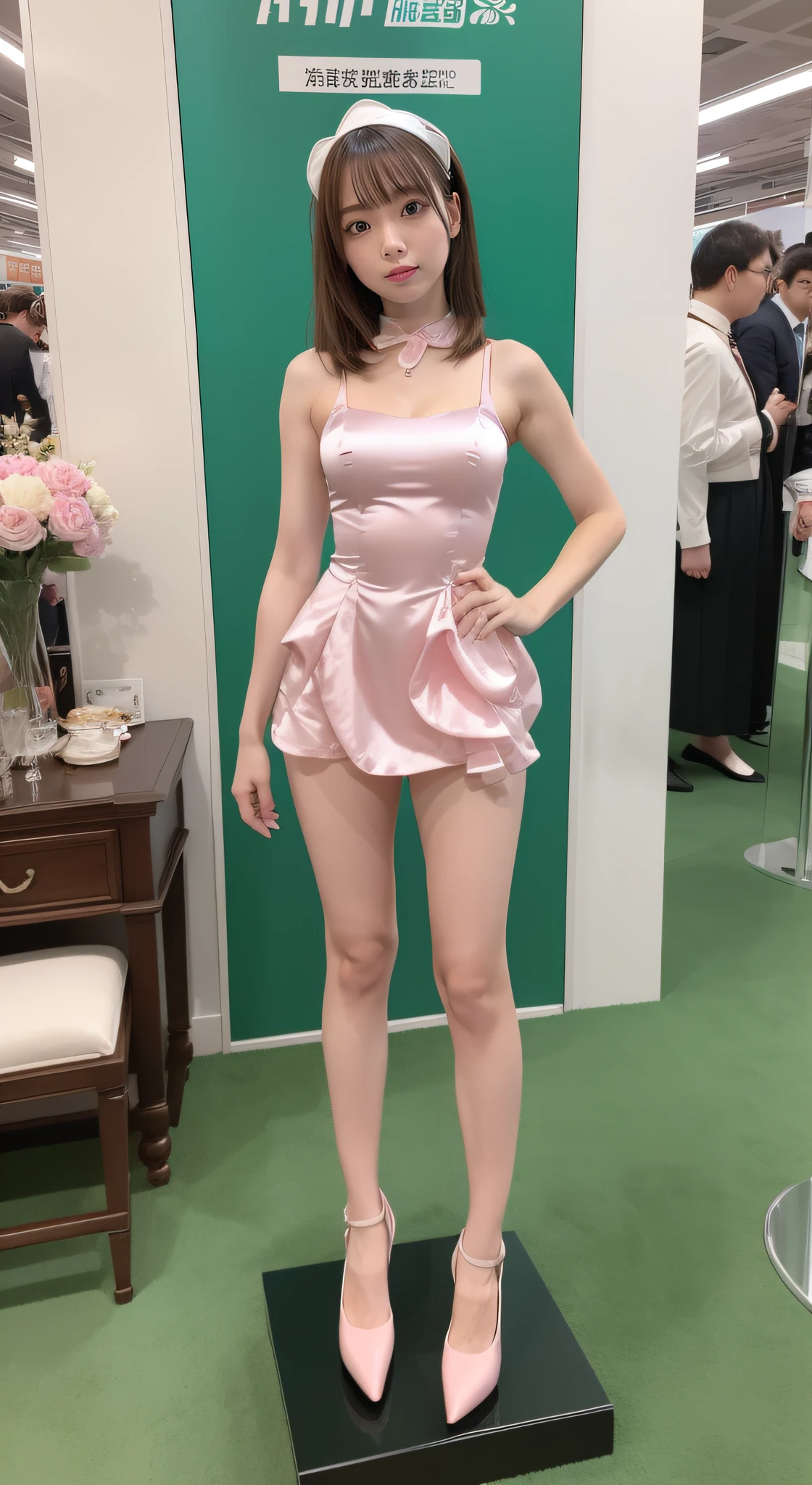 of the highest quality, Idol with slender body, front facing, Well-proportioned body, Exhibited, Event Hall, Moe Pose, pink satin lolita dress, Standing with legs open, Model body type