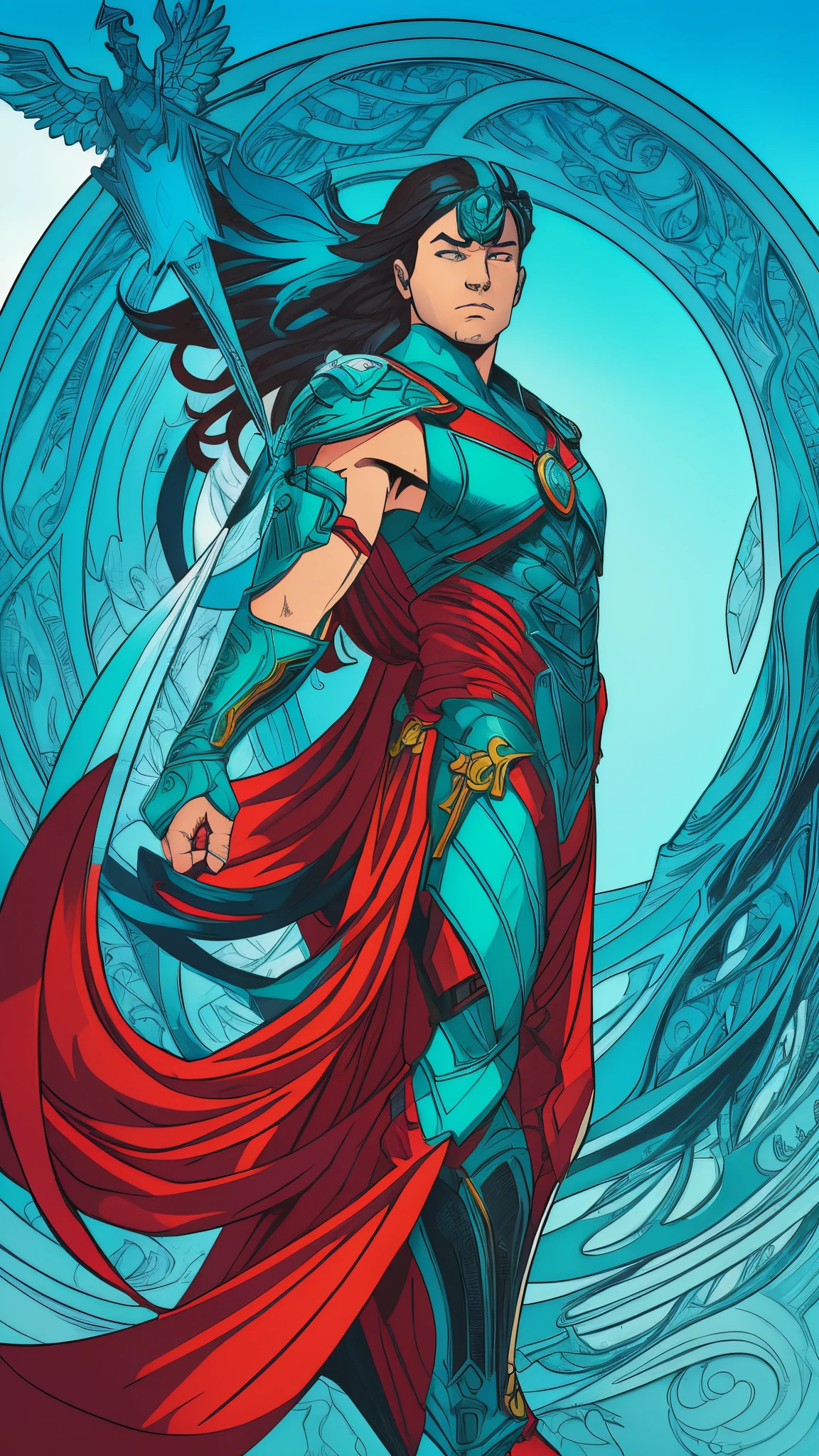 An image of one Masculine White Guardian Angel, white eyes, looking straight at camera, midshot, full body, cel-shading style, centered image, ultra detailed illustration of comics posing, broodish, (tetradic colors), inkpunk, ink lines, strong outlines, blue green water background, art by MSchiffer, bold traces, unframed, high contrast, cel-shaded, vector, 32k resolution, best quality Michael Cheval style illustration, very beautiful,l turquoise blue lace