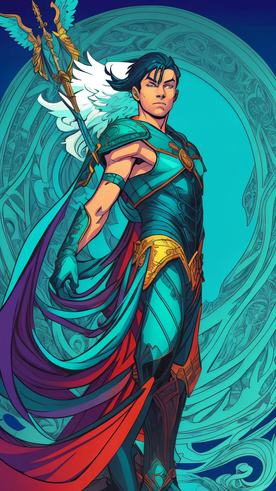 An image of one Masculine White Guardian Angel, white eyes, looking straight at camera, midshot, full body, cel-shading style, centered image, ultra detailed illustration of comics posing, broodish, (tetradic colors), inkpunk, ink lines, strong outlines, blue green water background, art by MSchiffer, bold traces, unframed, high contrast, cel-shaded, vector, 32k resolution, best quality Michael Cheval style illustration, very beautiful,l turquoise blue lace