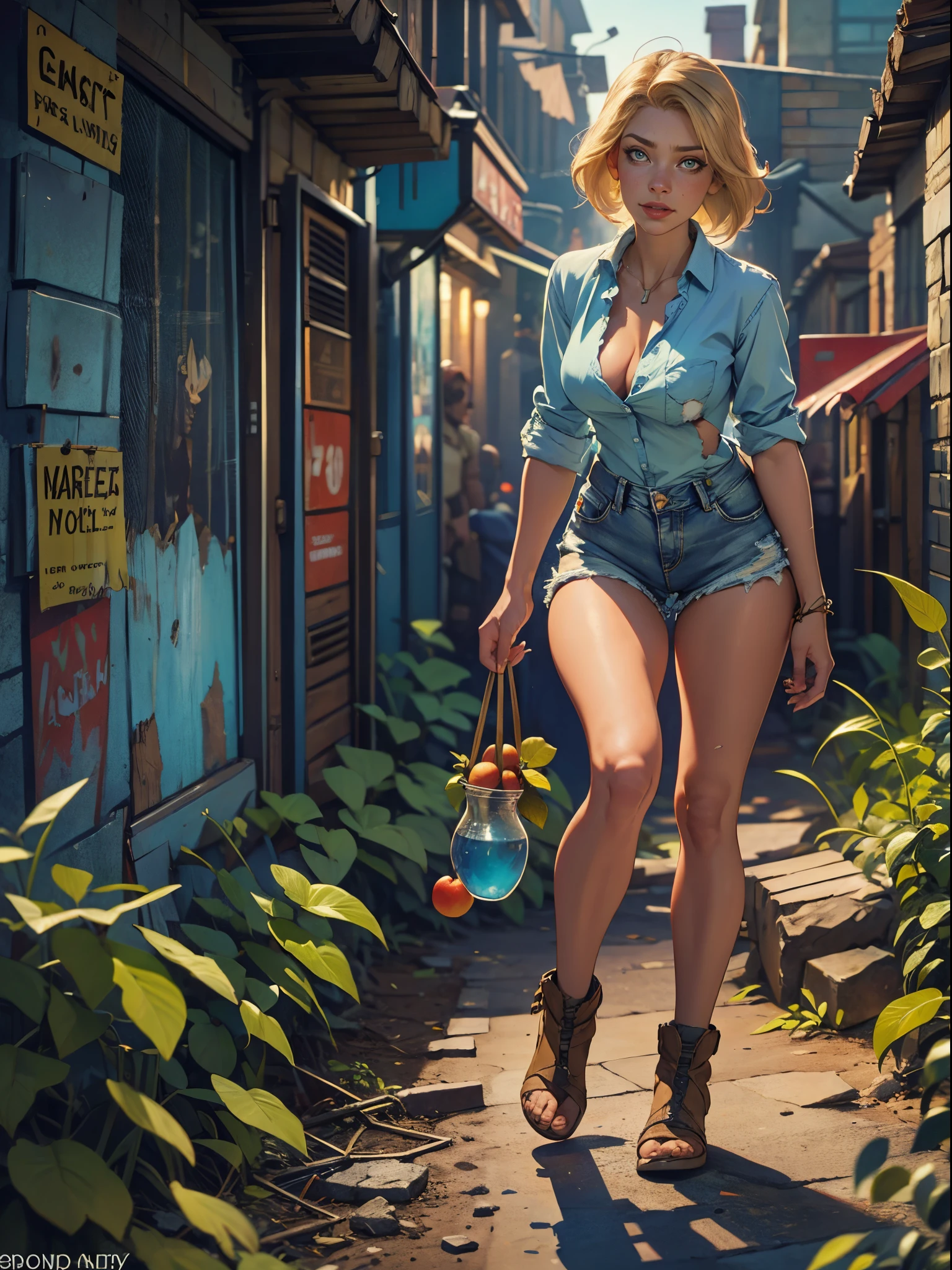 2076 year. The Urban Ruins of the Wasteland, Female huntress picking fruit in the garden, beautiful face, blonde, badly torn shirt and denim shorts , long legs, sweating through, sun rising, Nice warm colors, head to toe full body shot