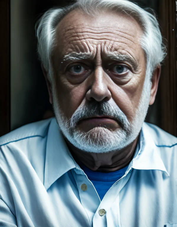 Middle aged man, big eyes, depressed, white shirt and blue jeans, staring at camera
