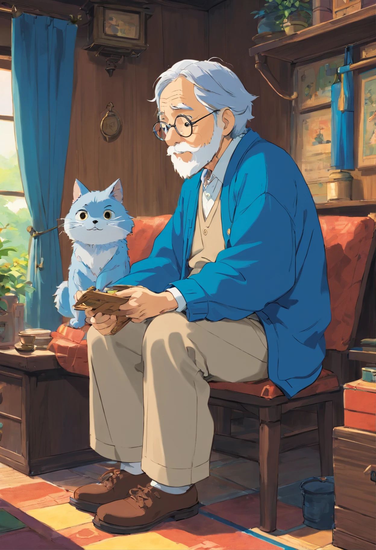 Grandpa,The clothes are blue,to talk