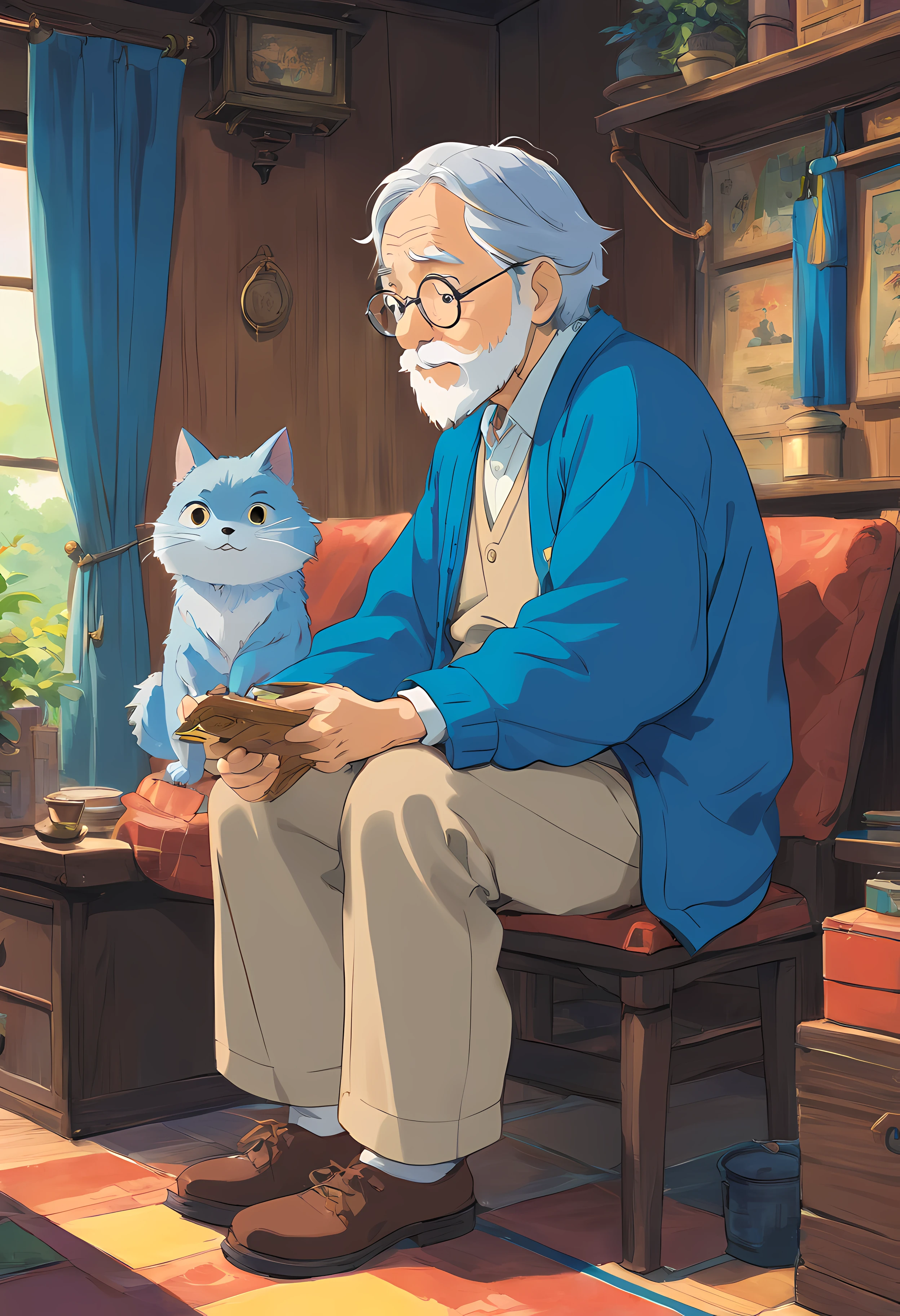 grampa，The clothes are blue，to talk