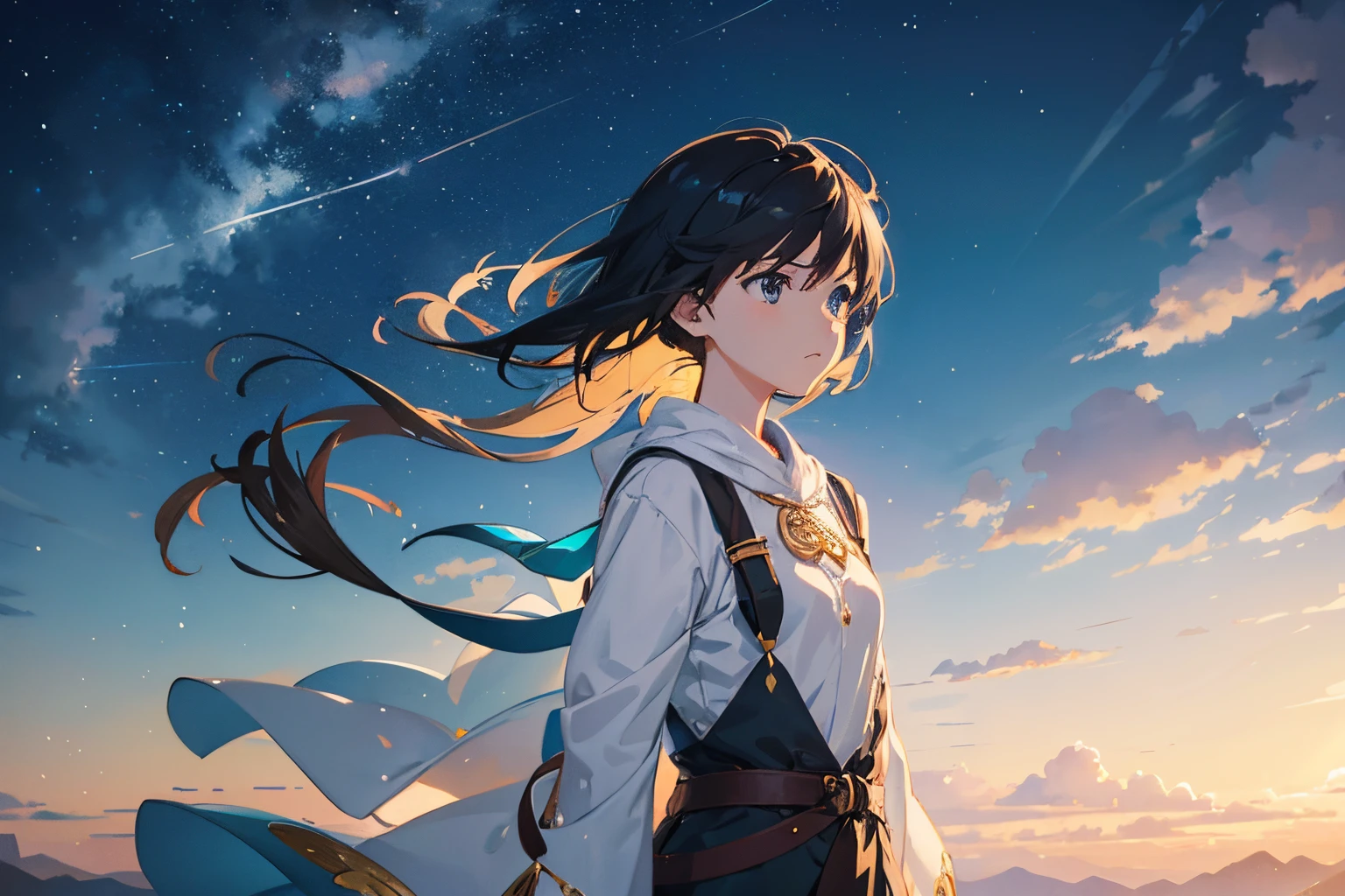 Create exquisite illustrations reminiscent of Makoto Shinkai's style, It has ultra-fine details and top-notch quality. Creating an illustration of numerous wind chimes suspended in the night sky. The wind chimes, in various colors, radiate an enchanting glow reminiscent of a starry sky. On the ground, a boy or girl gazes in awe at the floating wind chimes above. The overall theme should be both fantastical and intricate, capturing the essence of nostalgia. The aim is to produce a high-quality illustration that conveys the magical and nostalgic atmosphere.