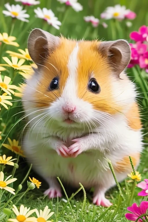 cute little hamster surrounded by beautiful flowers in a meadow, beautiful eyes, sunlight, trending on artstation, absurdres, chibi, extremely detailed fur,(close up:1.1)