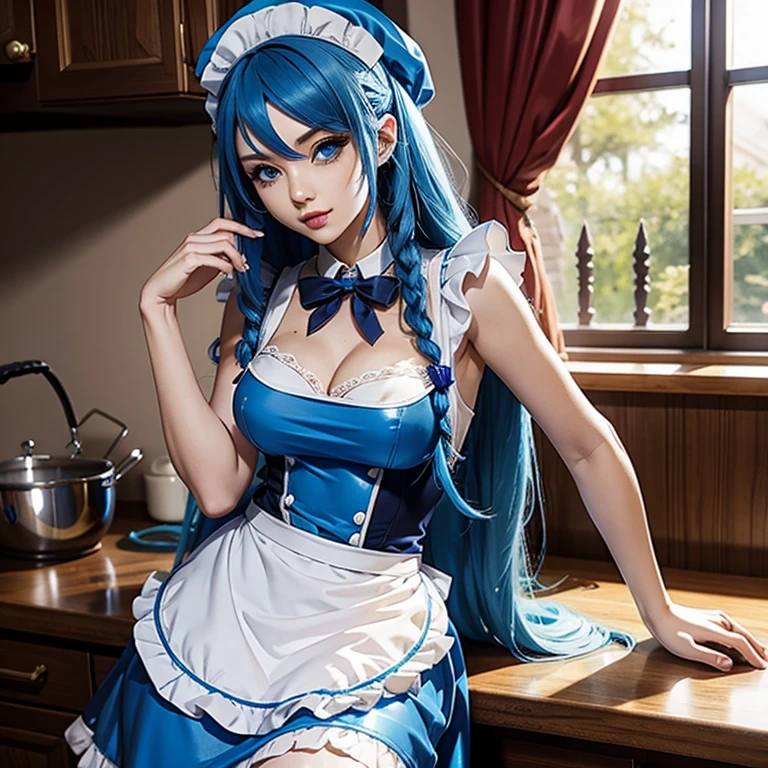 Female, anthro shark, shark furry, standing, perfect, realistic looking, fur body, fur all over, bioluminescent markings, very long hair, long blue hair, blue eyes, maid, full breast,