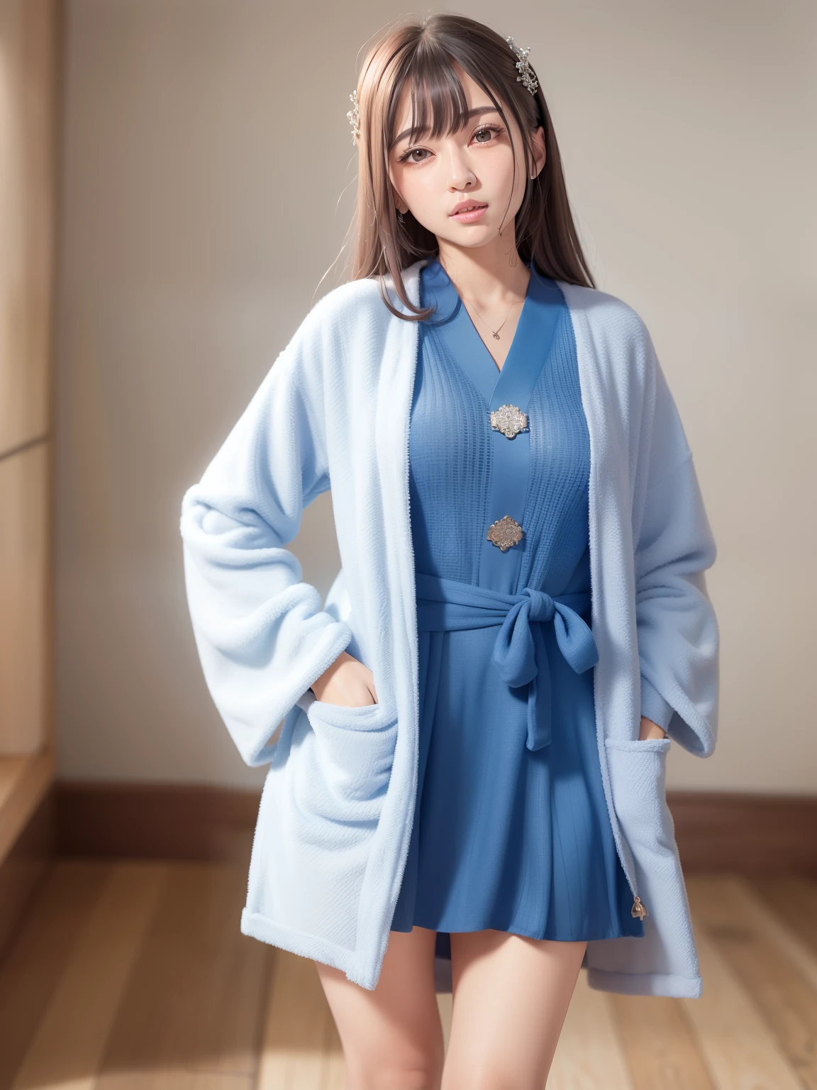 Arab asian woman wearing blue dress and gray coat, wearing blue robe, wearing a simple robe, wearing blue robe, blue robe, Blue clothes, wearing simple robes, wearing a haori, blue tunic and robes, komono, blue outfit, blue soft details, wearing robe, zora々Shishi Japan of Girls, Wearing a robe