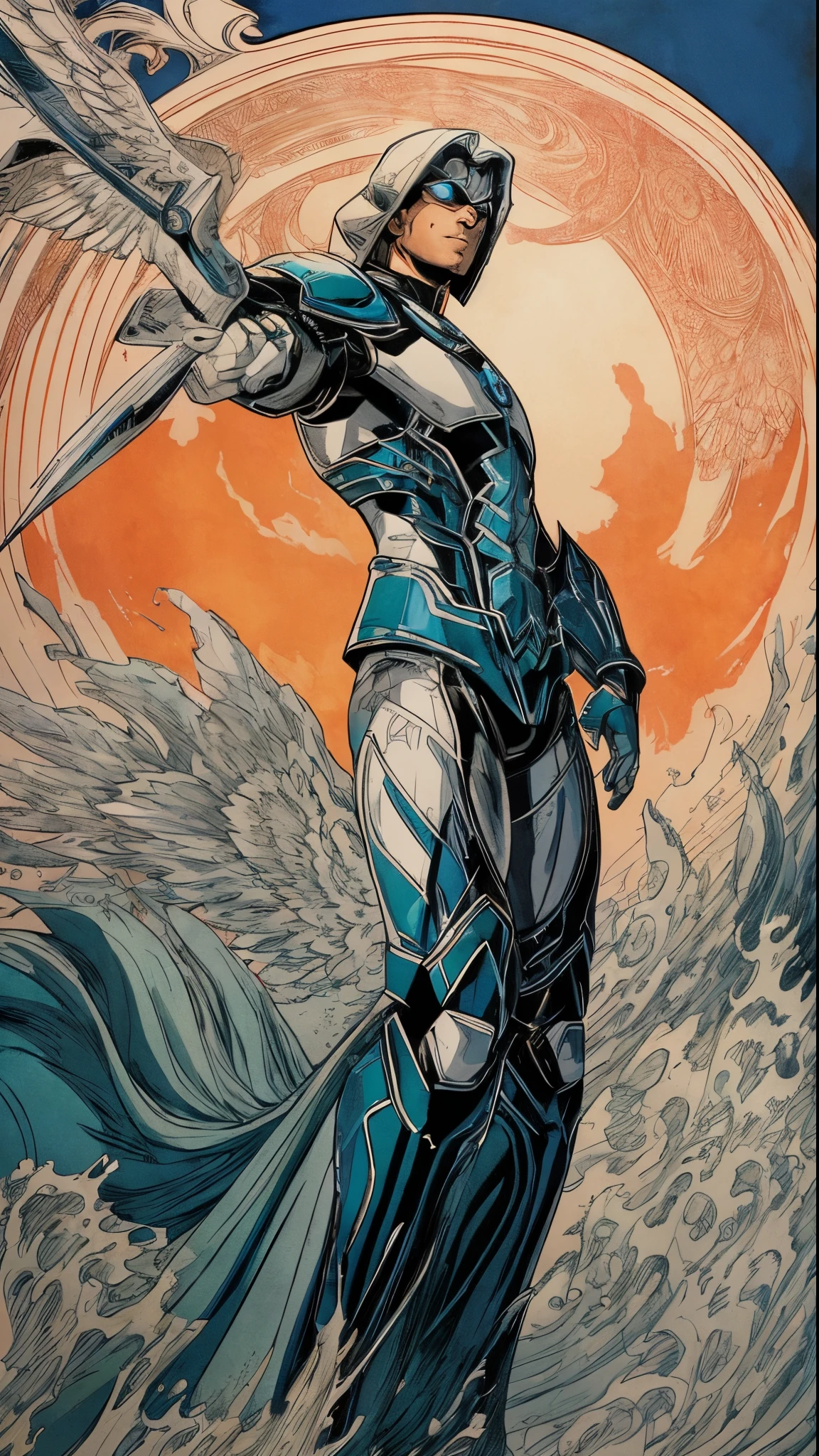 An image of one Masculine White Guardian Angel, white eyes, looking straight at camera, midshot, full body, cel-shading style, centered image, ultra detailed illustration of comics posing, broodish, (tetradic colors), inkpunk, ink lines, strong outlines, blue green water background, art by MSchiffer, bold traces, unframed, high contrast, cel-shaded, vector, 32k resolution, best quality Michael Cheval style illustration, very beautiful,l turquoise blue lace