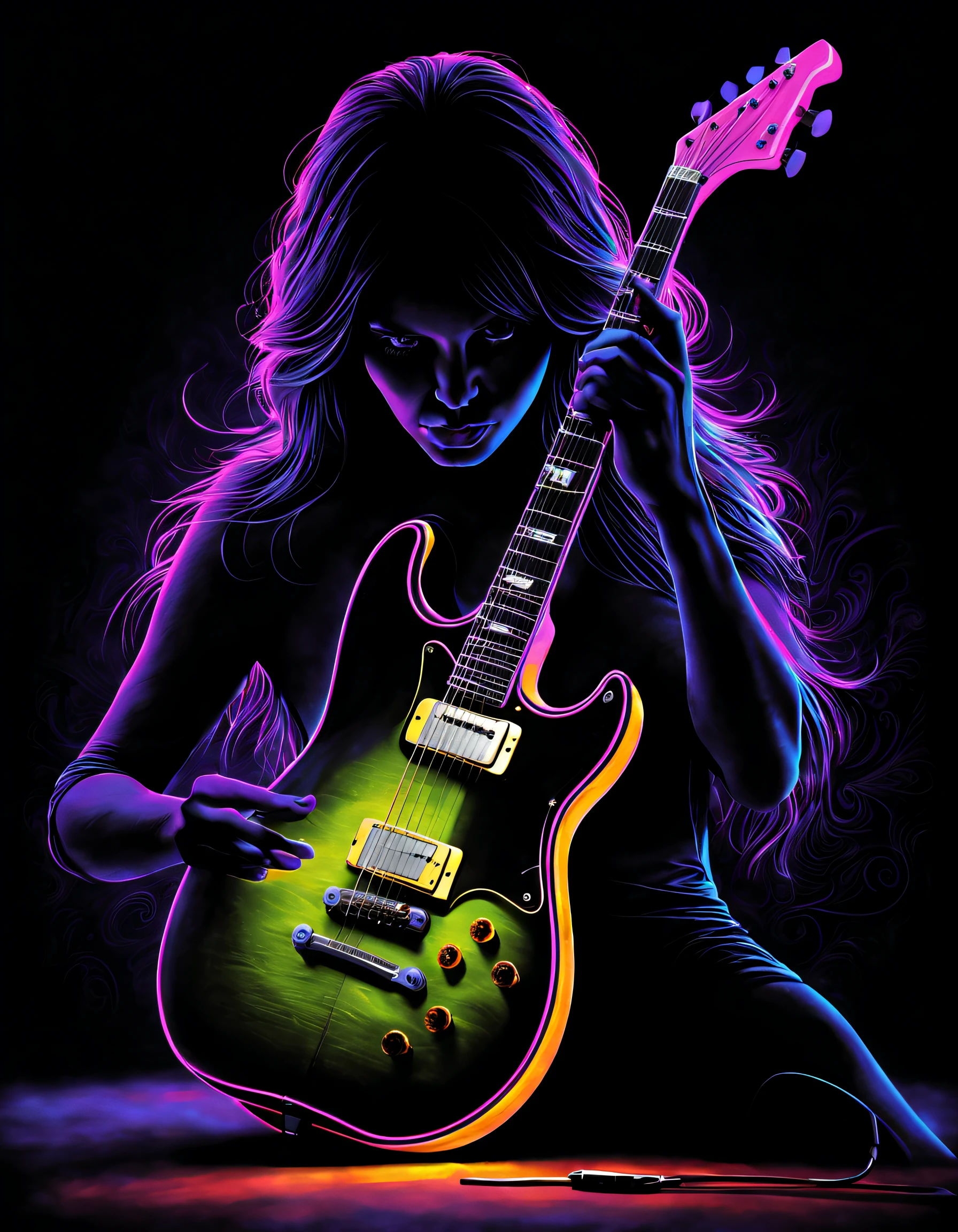 guitar，Black light poster art ，with black background