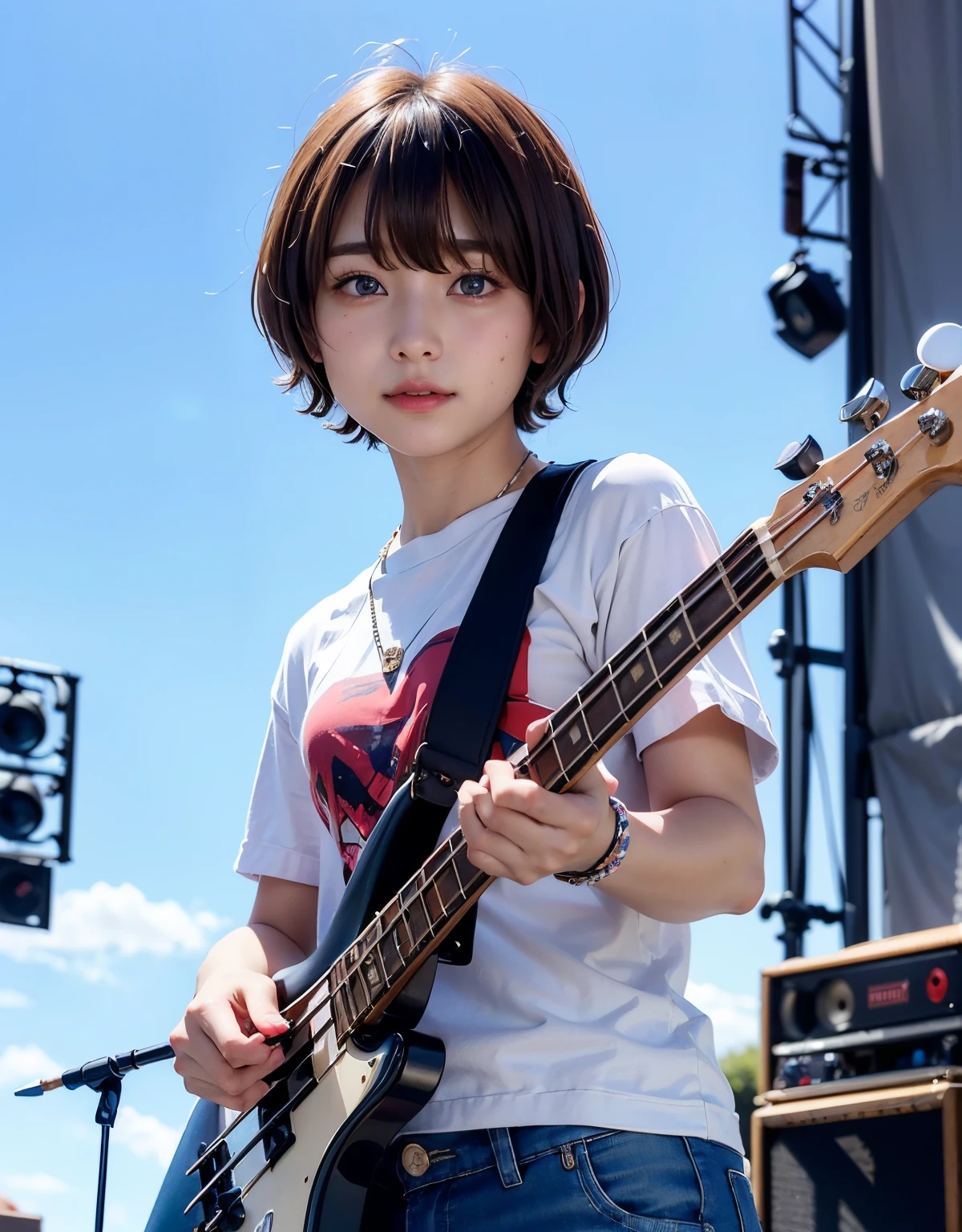 ((top-quality))、(masterpiece:1.4)、Raw photography、8K、((Top image quality))、 ((hight resolution))、Beautiful face in every detail、Realistic human skin、Gentle expression、(One lady:1.3 )、realisitic、Photorealsitic、(extra very short hair:1.4)、(Beautuful Women)、(cute Japanese girls)、(boyish:1.3)、(mannish)、((Pretty Woman))、(Beautiful hair)、((dark brown hair))、(((Red cheeks)))、(((Her eyes are big)))、20-year-old beauty、(her face is small:1.8)、small head、((long neck))、pale skin、Spot-free skin、With bangs、Everyone longs for、japanese beautiful woman、eight heads high、(a necklace)、(music festival:1.4)、((blue-sky))、singers、(Concert T-shirt)、smil、(Oversized clothes:1.3)、Happy look、(bass guitar:1.3)、(On stage:1.3)、blue-sky、Stand Microphone、wristbands、A bracelet、