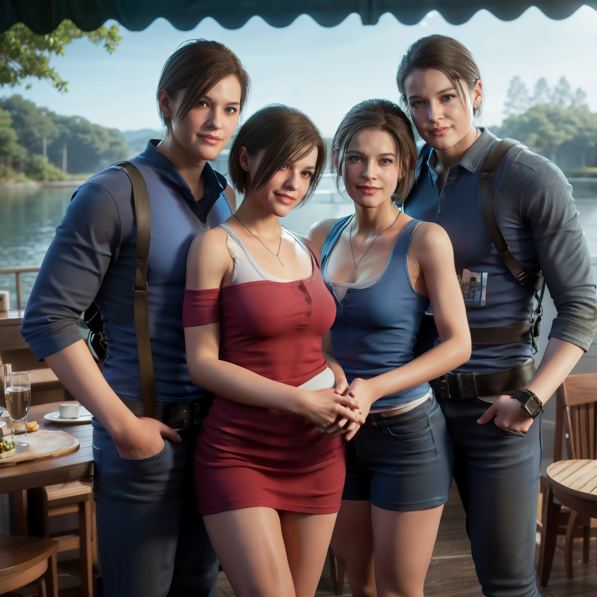 Woman, Jill valentine, happy expression, wearing blue tanktop, smile