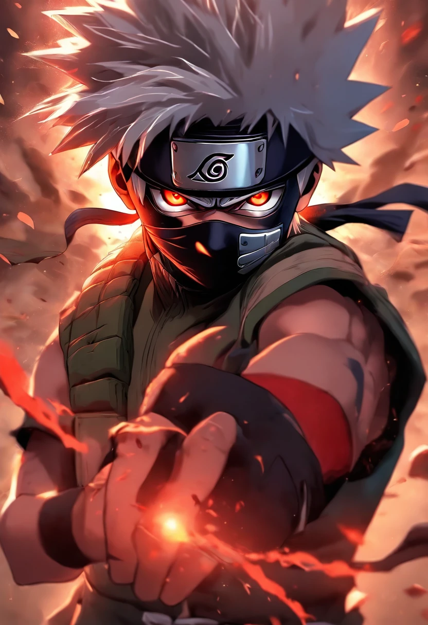 Detailed illustration of Kakashi Hatake&#39;s fighting stance，Highlighting his Sharingan, full bodyesbian, perfect  eyes, perfect hand, Perfect Finger, incredibily detailed, perfect shadow, Dynamic background, hyperrealistic painting style.