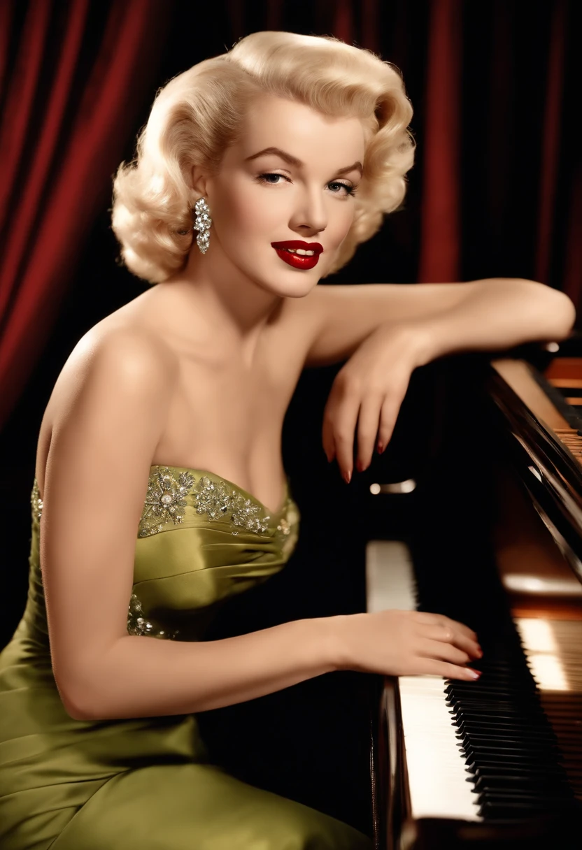 A photo of Marilyn Monroe in a beautiful 1950s-style evening gown, gracefully playing the piano,original,Marilyn Monroe has bleached blonde hair, plump red lips and a mole on the upper corner of her lip on the right side of her cheek. , female