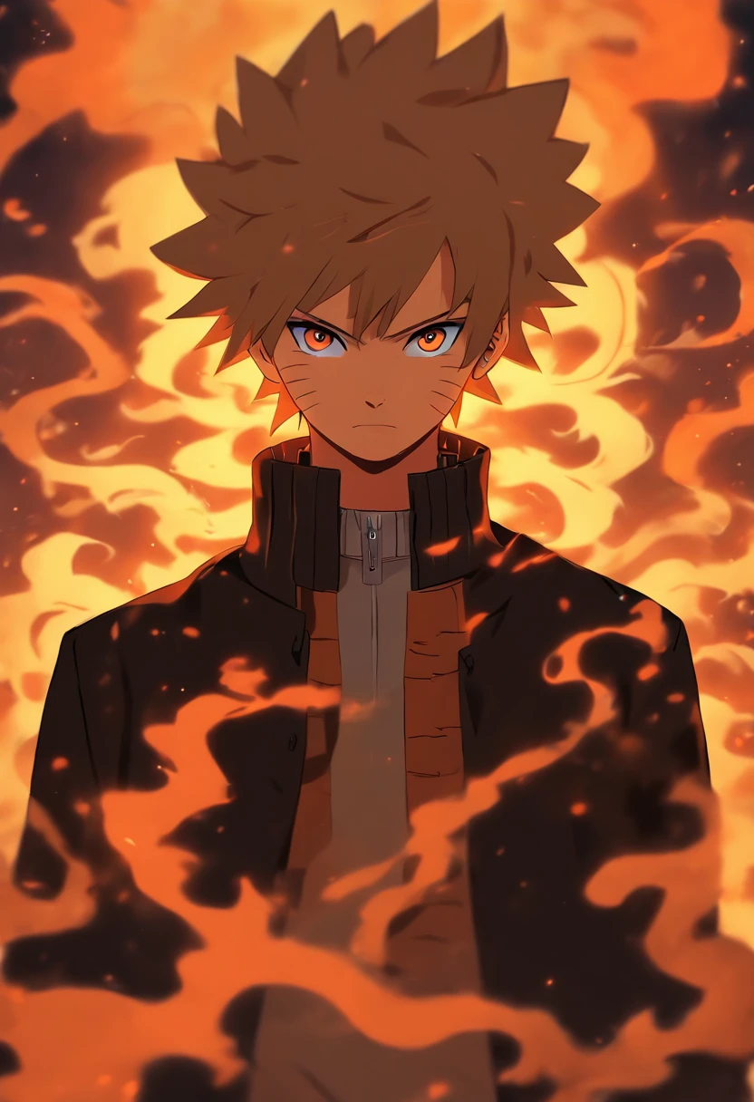 Brown wavy short hair boy, wearing black overcoat, with a wolf, naruto art style