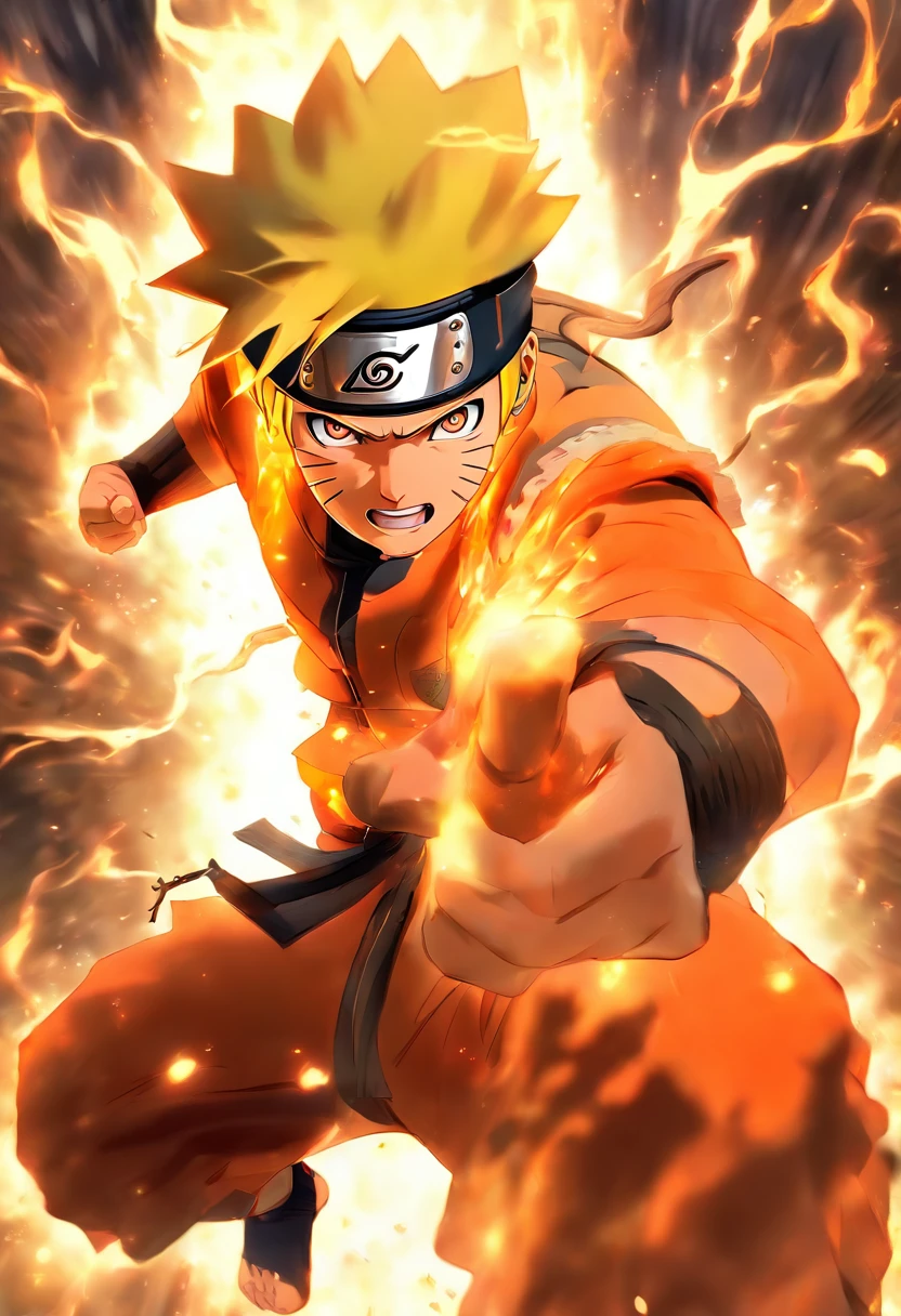 An extremely detailed illustration of Naruto Uzumaki using the Rasengan technique, fight position, full bodyesbian, incredibily detailed, perfect shadow, Dynamic background, hyperrealistic painting style.