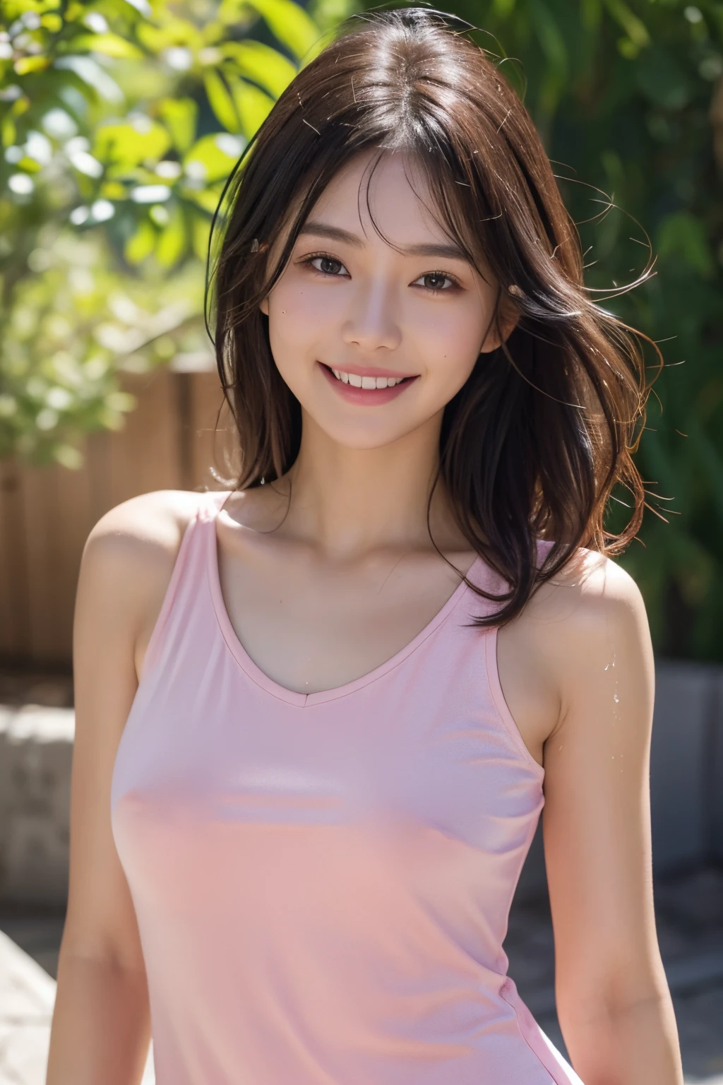 1girl, 8k, highly detailed skin, highly detailed body shape, highly detailed face, ultra realistic, perfect body shape, pink short dress, smiling, feeling happy, excited expression, dark brown messy wet hair, shiny wet body, daylight, japanese, village,front view