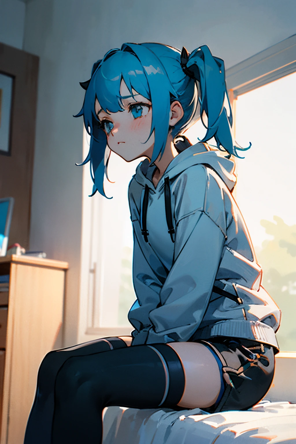 1 girl, short light blue hair with pigtails, gray light hoodie, black shorts, black thigh highs, small breast, small butt, sad and tired expresion, siting in her room with her phone, dark room,