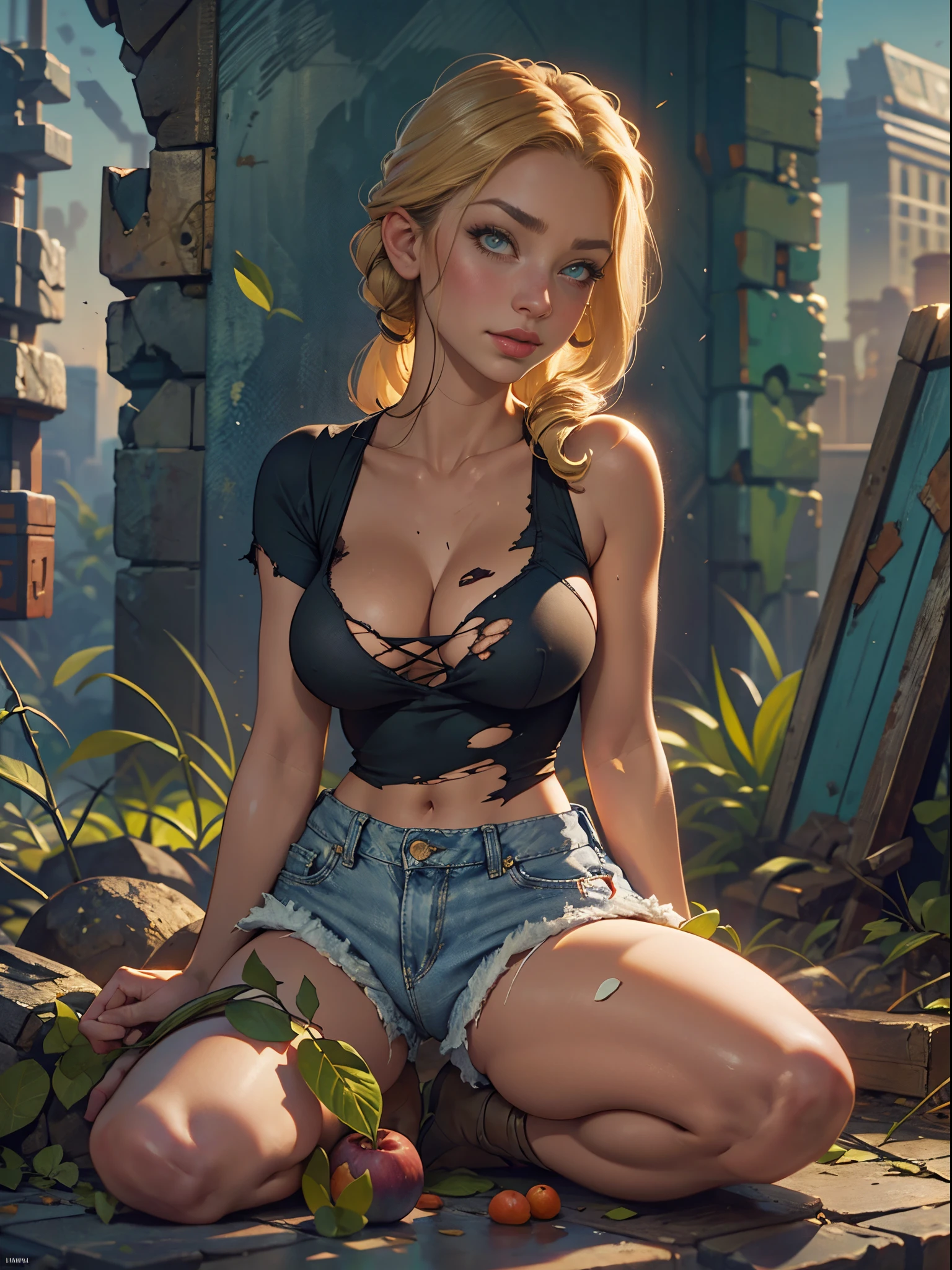 2076 year. The Urban Ruins of the Wasteland, Female huntress picking fruit in the garden, beautiful face, blonde, badly torn shirt and denim shorts , long legs, sweating through, sun rising, Nice warm colors, head to toe full body shot