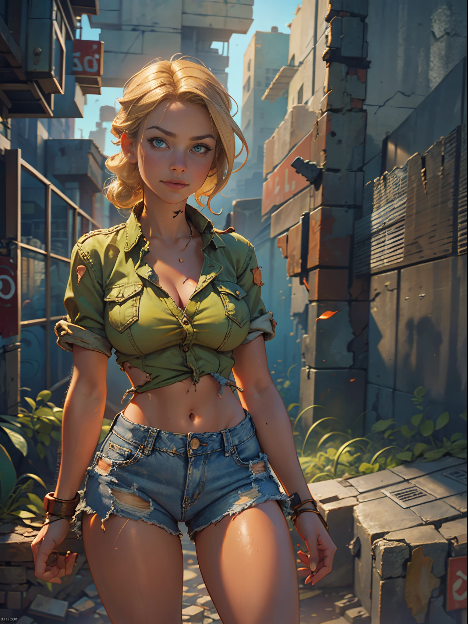 2076 year. The Urban Ruins of the Wasteland, Female huntress picking fruit in the garden, beautiful face, blonde, badly torn shirt and denim shorts , long legs, sweating through, sun rising, Nice warm colors, head to toe full body shot