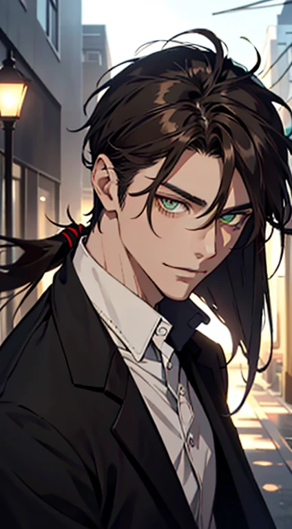 ((sexy tall man, young_adult_face)), (glowing green eyes), olive green eyes, masterpiece, superb quality, sharp eyes, piercing eyes, smirking, sexy smirk, portrait, gradient ((dark brown hair)), shaggy hair, ((rat tail hair)), ((rattail hair)), (shiny tan skin), darkbrown_hair, ashybrown_hair, ash_brown hair, solo, outdoors, ❤ love, handsome anime boy, 1 man, wearing black skinny jeans, wearing brown sweater, head tilted, ((face front)), 1boy, male, young man, tan teenager,White Rose,white shirt, dessings, low screen contrast, high brightness, soft lighting, soft focus, mysterious, romance lane, anime big, impressionism, cinematic lighting, close -up, Hyper HD, 巨作, highly detailed, green eyes, hair between eyes