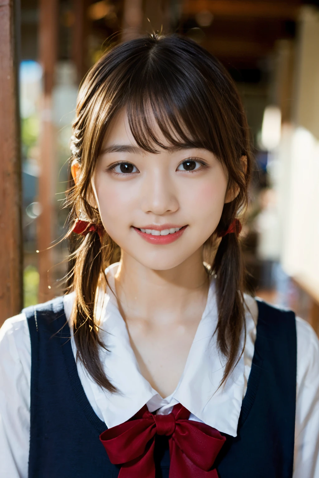 (8K、Raw photography、top-quality、​masterpiece:1.2)、(realisitic、Photorealsitic:1.37)、ultra-detailliert、超A high resolution、女の子1人、see the beholder、beautifull detailed face、A smile、Constriction、(Slim waist) :1.3)、Beautiful detailed skin、Skin Texture、Floating hair、Professional Lighting、Whole human body、a blond、japanese hight school uniform、hi-school girl、Red ribbons、Bob Hair、Happy smile、Suppin、Pigtails hairstyle、Braids、Oahu, hawaii